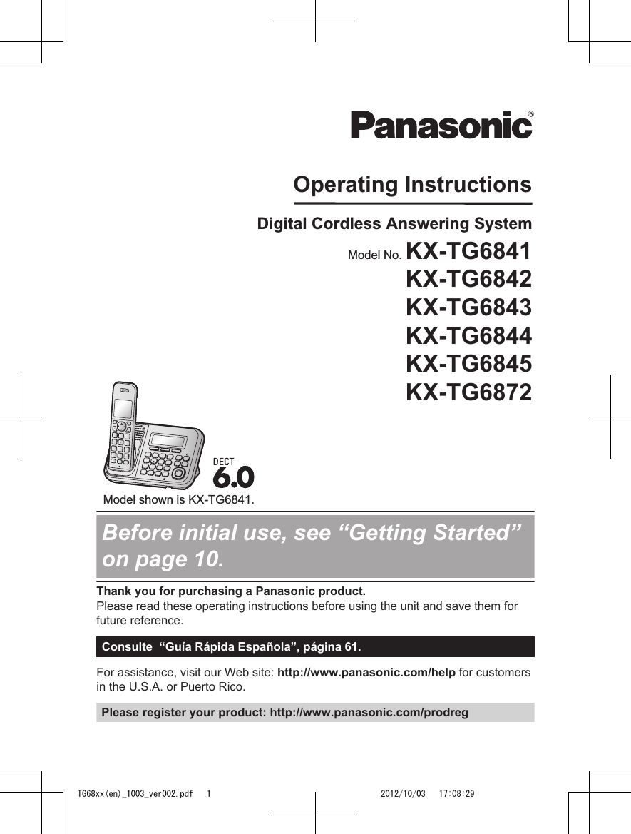 Panasonic of North America 96NKX-TGA680 DECT 6.0 Handset User Manual