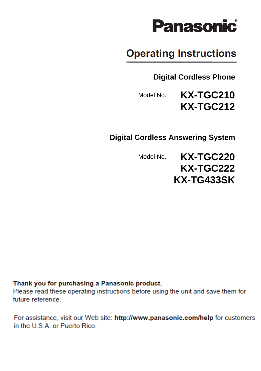 Digital Cordless PhoneModel No.  KX-TGC210KX-TGC212Digital Cordless Answering SystemModel No.  KX-TGC220KX-TGC222KX-TG433SK