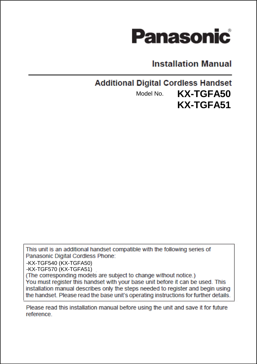 Panasonic of North America 96NKX-TGFA51 DECT 6.0 Handset User Manual