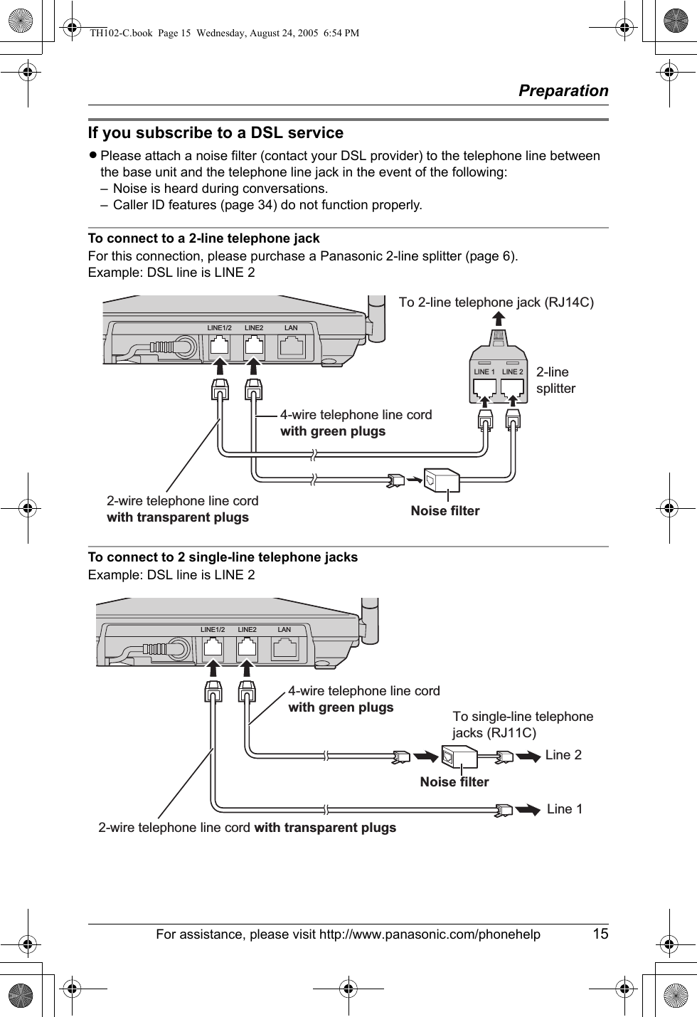 PreparationFor assistance, please visit http://www.panasonic.com/phonehelp 15If you subscribe to a DSL serviceLPlease attach a noise filter (contact your DSL provider) to the telephone line between the base unit and the telephone line jack in the event of the following:– Noise is heard during conversations.– Caller ID features (page 34) do not function properly.To connect to a 2-line telephone jackFor this connection, please purchase a Panasonic 2-line splitter (page 6).Example: DSL line is LINE 2To connect to 2 single-line telephone jacksExample: DSL line is LINE 2LINE1/2 LINE2 LANLINE 2LINE 12-line splitter2-wire telephone line cord with transparent plugs4-wire telephone line cord with green plugsTo 2-line telephone jack (RJ14C)Noise filterLINE1/2 LINE2 LANLine 1Line 2To single-line telephone jacks (RJ11C)Noise filter2-wire telephone line cord with transparent plugs4-wire telephone line cord with green plugsTH102-C.book  Page 15  Wednesday, August 24, 2005  6:54 PM