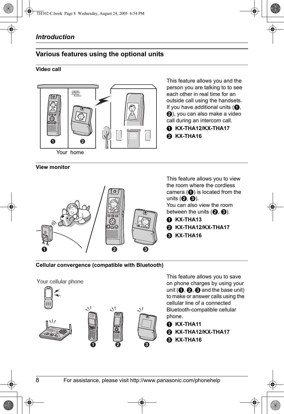 Introduction8For assistance, please visit http://www.panasonic.com/phonehelpVarious features using the optional unitsVideo callView monitorCellular convergence (compatible with Bluetooth)This feature allows you and the person you are talking to to see each other in real time for an outside call using the handsets.If you have additional units (A, B), you can also make a video call during an intercom call.AKX-THA12/KX-THA17BKX-THA16This feature allows you to view the room where the cordless camera (A) is located from the units (B, C).You can also view the room between the units (B, C).AKX-THA13BKX-THA12/KX-THA17CKX-THA16This feature allows you to save on phone charges by using your unit (A, B, C and the base unit) to make or answer calls using the cellular line of a connected Bluetooth-compatible cellular phone.AKX-THA11BKX-THA12/KX-THA17CKX-THA16Your  homeABCA BYour cellular phoneBACTH102-C.book  Page 8  Wednesday, August 24, 2005  6:54 PM