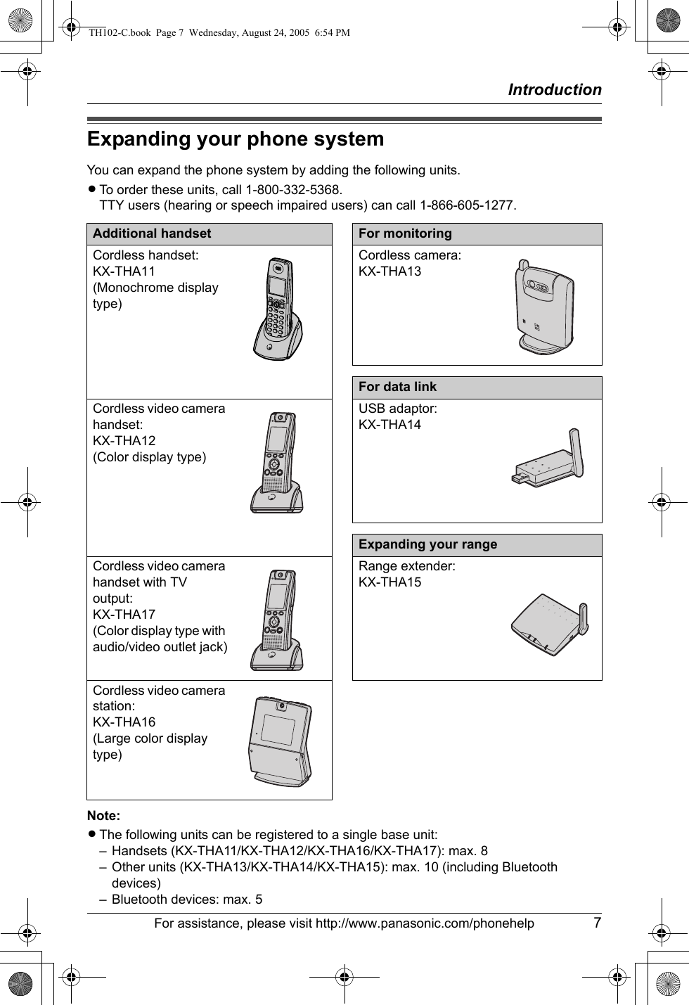 IntroductionFor assistance, please visit http://www.panasonic.com/phonehelp 7Expanding your phone systemYou can expand the phone system by adding the following units.LTo order these units, call 1-800-332-5368.TTY users (hearing or speech impaired users) can call 1-866-605-1277.Note:LThe following units can be registered to a single base unit:– Handsets (KX-THA11/KX-THA12/KX-THA16/KX-THA17): max. 8– Other units (KX-THA13/KX-THA14/KX-THA15): max. 10 (including Bluetooth devices)– Bluetooth devices: max. 5Additional handset For monitoringCordless handset:KX-THA11(Monochrome display type)Cordless camera:KX-THA13For data linkCordless video camera handset:KX-THA12(Color display type)USB adaptor:KX-THA14Expanding your rangeCordless video camera handset with TV output:KX-THA17(Color display type with audio/video outlet jack)Range extender:KX-THA15Cordless video camera station:KX-THA16(Large color display type)TH102-C.book  Page 7  Wednesday, August 24, 2005  6:54 PM