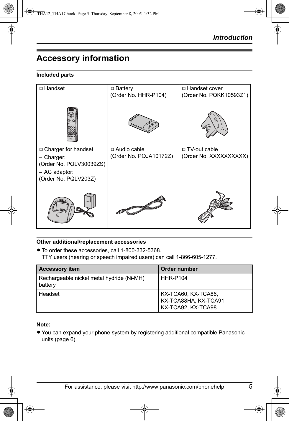 IntroductionFor assistance, please visit http://www.panasonic.com/phonehelp 5Accessory informationIncluded partsOther additional/replacement accessoriesLTo order these accessories, call 1-800-332-5368.TTY users (hearing or speech impaired users) can call 1-866-605-1277.Note:LYou can expand your phone system by registering additional compatible Panasonic units (page 6).AHandset ABattery(Order No. HHR-P104)AHandset cover(Order No. PQKK10593Z1)ACharger for handset– Charger:(Order No. PQLV30039ZS)– AC adaptor:(Order No. PQLV203Z)AAudio cable(Order No. PQJA10172Z)ATV-out cable(Order No. XXXXXXXXXX)Accessory item Order numberRechargeable nickel metal hydride (Ni-MH) batteryHHR-P104Headset KX-TCA60, KX-TCA86, KX-TCA88HA, KX-TCA91, KX-TCA92, KX-TCA98THA12_THA17.book  Page 5  Thursday, September 8, 2005  1:32 PM