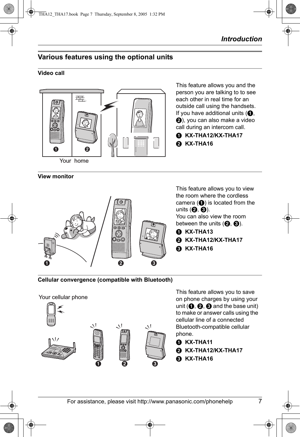 IntroductionFor assistance, please visit http://www.panasonic.com/phonehelp 7Various features using the optional unitsVideo callView monitorCellular convergence (compatible with Bluetooth)This feature allows you and the person you are talking to to see each other in real time for an outside call using the handsets.If you have additional units (A, B), you can also make a video call during an intercom call.AKX-THA12/KX-THA17BKX-THA16This feature allows you to view the room where the cordless camera (A) is located from the units (B, C).You can also view the room between the units (B, C).AKX-THA13BKX-THA12/KX-THA17CKX-THA16This feature allows you to save on phone charges by using your unit (A, B, C and the base unit) to make or answer calls using the cellular line of a connected Bluetooth-compatible cellular phone.AKX-THA11BKX-THA12/KX-THA17CKX-THA16Your  homeABCA BYour cellular phoneBACTHA12_THA17.book  Page 7  Thursday, September 8, 2005  1:32 PM