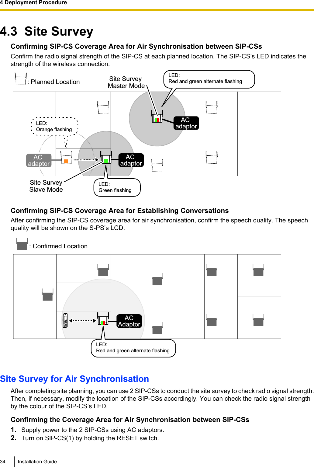 4.3  Site SurveyConfirming SIP-CS Coverage Area for Air Synchronisation between SIP-CSsConfirm the radio signal strength of the SIP-CS at each planned location. The SIP-CS’s LED indicates thestrength of the wireless connection.: Planned LocationAC  adaptorAC  adaptorAC  adaptorSite Survey  Master ModeSite Survey Slave ModeLED:Orange flashingLED:Green flashingLED:Red and green alternate flashingConfirming SIP-CS Coverage Area for Establishing ConversationsAfter confirming the SIP-CS coverage area for air synchronisation, confirm the speech quality. The speechquality will be shown on the S-PS’s LCD.ACAdaptor: Confirmed LocationLED:Red and green alternate flashingSite Survey for Air SynchronisationAfter completing site planning, you can use 2 SIP-CSs to conduct the site survey to check radio signal strength.Then, if necessary, modify the location of the SIP-CSs accordingly. You can check the radio signal strengthby the colour of the SIP-CS’s LED.Confirming the Coverage Area for Air Synchronisation between SIP-CSs1. Supply power to the 2 SIP-CSs using AC adaptors.2. Turn on SIP-CS(1) by holding the RESET switch.34 Installation Guide4 Deployment Procedure