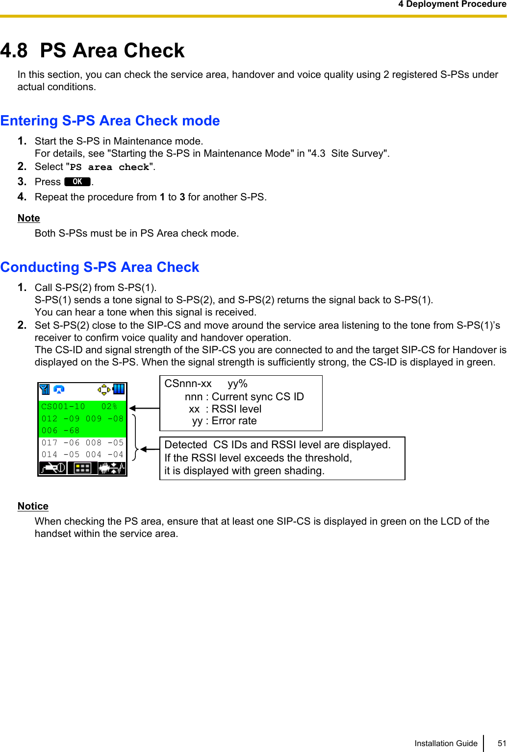 4.8  PS Area CheckIn this section, you can check the service area, handover and voice quality using 2 registered S-PSs underactual conditions.Entering S-PS Area Check mode1. Start the S-PS in Maintenance mode.For details, see &quot;Starting the S-PS in Maintenance Mode&quot; in &quot;4.3  Site Survey&quot;.2. Select &quot;PS area check&quot;.3. Press OK.4. Repeat the procedure from 1 to 3 for another S-PS.NoteBoth S-PSs must be in PS Area check mode.Conducting S-PS Area Check1. Call S-PS(2) from S-PS(1).S-PS(1) sends a tone signal to S-PS(2), and S-PS(2) returns the signal back to S-PS(1). You can hear a tone when this signal is received.2. Set S-PS(2) close to the SIP-CS and move around the service area listening to the tone from S-PS(1)’sreceiver to confirm voice quality and handover operation.The CS-ID and signal strength of the SIP-CS you are connected to and the target SIP-CS for Handover isdisplayed on the S-PS. When the signal strength is sufficiently strong, the CS-ID is displayed in green.  CS001-10   02% 012 -09 009 -08 006 -68   017 -06 008 -05 014 -05 004 -04 CSnnn-xx   yy% nnn : Current sync CS ID xx  : RSSI level yy : Error rate Detected  CS IDs and RSSI level are displayed.If the RSSI level exceeds the threshold,it is displayed with green shading.NoticeWhen checking the PS area, ensure that at least one SIP-CS is displayed in green on the LCD of thehandset within the service area.Installation Guide 514 Deployment Procedure