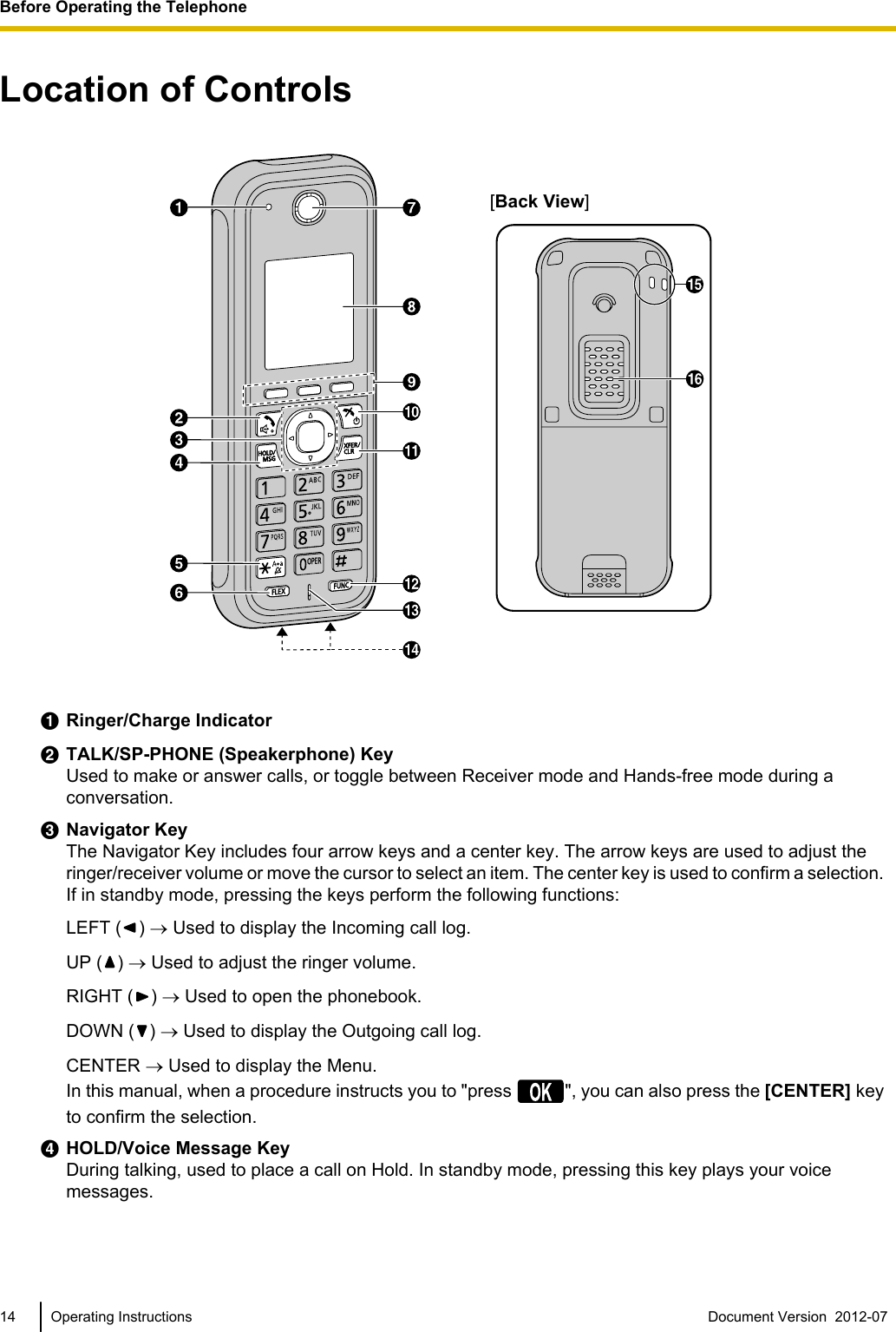 Location of Controls[Back View]ARinger/Charge IndicatorBTALK/SP-PHONE (Speakerphone) KeyUsed to make or answer calls, or toggle between Receiver mode and Hands-free mode during aconversation.CNavigator KeyThe Navigator Key includes four arrow keys and a center key. The arrow keys are used to adjust theringer/receiver volume or move the cursor to select an item. The center key is used to confirm a selection.If in standby mode, pressing the keys perform the following functions:LEFT ( ) ® Used to display the Incoming call log.UP ( ) ® Used to adjust the ringer volume.RIGHT ( ) ® Used to open the phonebook.DOWN ( ) ® Used to display the Outgoing call log.CENTER ® Used to display the Menu.In this manual, when a procedure instructs you to &quot;press  &quot;, you can also press the [CENTER] keyto confirm the selection.DHOLD/Voice Message KeyDuring talking, used to place a call on Hold. In standby mode, pressing this key plays your voicemessages.14 Operating Instructions Document Version  2012-07  Before Operating the Telephone