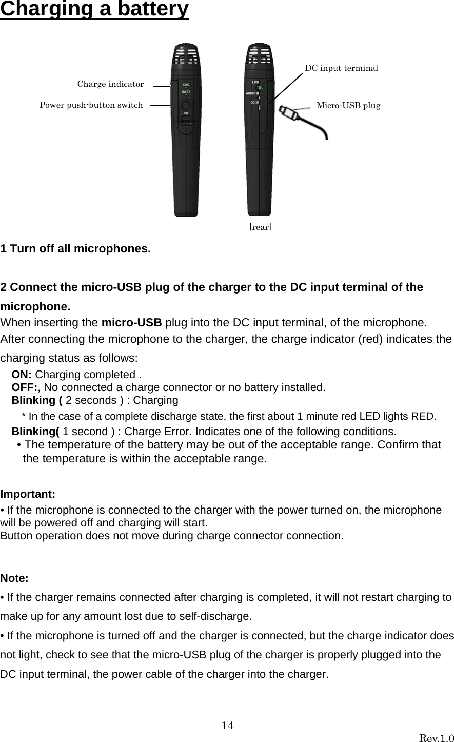 14 Rev.1.0  Charging a battery            1 Turn off all microphones.  2 Connect the micro-USB plug of the charger to the DC input terminal of the microphone. When inserting the micro-USB plug into the DC input terminal, of the microphone. After connecting the microphone to the charger, the charge indicator (red) indicates the charging status as follows: ON: Charging completed . OFF:, No connected a charge connector or no battery installed. Blinking ( 2 seconds ) : Charging  * In the case of a complete discharge state, the first about 1 minute red LED lights RED. Blinking( 1 second ) : Charge Error. Indicates one of the following conditions. • The temperature of the battery may be out of the acceptable range. Confirm that the temperature is within the acceptable range.  Important: • If the microphone is connected to the charger with the power turned on, the microphone will be powered off and charging will start. Button operation does not move during charge connector connection.   Note: • If the charger remains connected after charging is completed, it will not restart charging to make up for any amount lost due to self-discharge. • If the microphone is turned off and the charger is connected, but the charge indicator does not light, check to see that the micro-USB plug of the charger is properly plugged into the DC input terminal, the power cable of the charger into the charger. Power push-button switch Charge indicator DC input terminal [rear] Micro-USB plug 