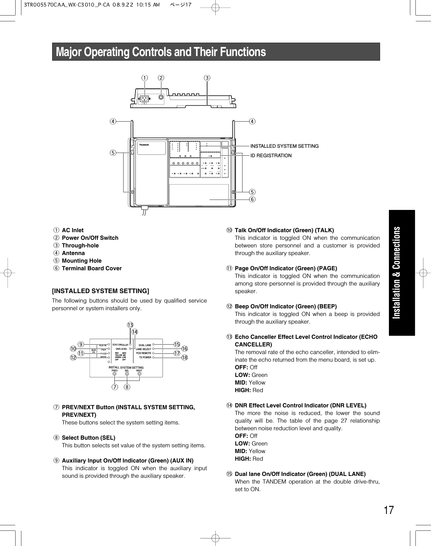 17Major Operating Controls and Their FunctionsqAC InletwPower On/Off SwitcheThrough-holerAntennatMounting HoleyTerminal Board Cover[INSTALLED SYSTEM SETTING]The following buttons should be used by qualified servicepersonnel or system installers only.uPREV/NEXT Button (INSTALL SYSTEM SETTING,PREV/NEXT)These buttons select the system setting items.iSelect Button (SEL)This button selects set value of the system setting items.oAuxiliary Input On/Off Indicator (Green) (AUX IN)This indicator is toggled ON when the auxiliary inputsound is provided through the auxiliary speaker.q w etrytrID REGISTRATIONINSTALLED SYSTEM SETTINGINSTALL SYSTEM SETTINGPREVECHO CANCELLERDNR LEVELDUAL LANELANE SELECTPOS REMOTETX POWERRED        MAXYELLOW  MDGREEN  LOWOFF        OFFSELAUXSPAUX INTALKPAGEBEEPNEXT!5 !6!7 !8o!4!0 !1!2!3ui!0 Talk On/Off Indicator (Green) (TALK)This indicator is toggled ON when the communicationbetween store personnel and a customer is providedthrough the auxiliary speaker.!1 Page On/Off Indicator (Green) (PAGE)This indicator is toggled ON when the communicationamong store personnel is provided through the auxiliaryspeaker.!2 Beep On/Off Indicator (Green) (BEEP)This indicator is toggled ON when a beep is providedthrough the auxiliary speaker.!3 Echo Canceller Effect Level Control Indicator (ECHOCANCELLER)The removal rate of the echo canceller, intended to elim-inate the echo returned from the menu board, is set up. OFF: OffLOW: GreenMID: YellowHIGH: Red!4 DNR Effect Level Control Indicator (DNR LEVEL)The more the noise is reduced, the lower the soundquality will be. The table of the page 27 relationshipbetween noise reduction level and quality.OFF: OffLOW: GreenMID: YellowHIGH: Red!5 Dual lane On/Off Indicator (Green) (DUAL LANE)When the TANDEM operation at the double drive-thru,set to ON.Installation &amp; Connections