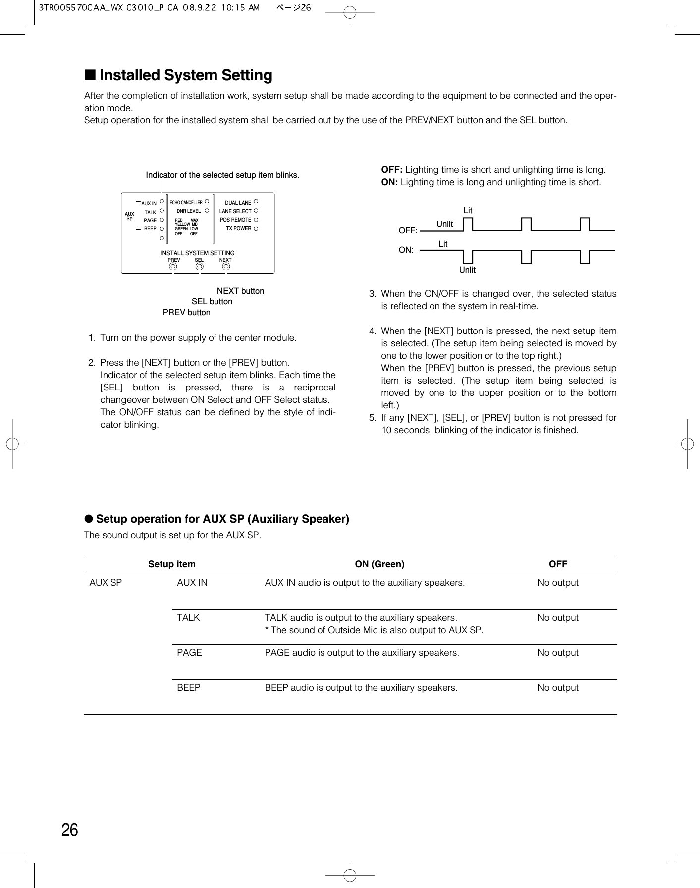 26■Installed System SettingAfter the completion of installation work, system setup shall be made according to the equipment to be connected and the oper-ation mode. Setup operation for the installed system shall be carried out by the use of the PREV/NEXT button and the SEL button. 1. Turn on the power supply of the center module. 2. Press the [NEXT] button or the [PREV] button. Indicator of the selected setup item blinks. Each time the[SEL] button is pressed, there is a reciprocalchangeover between ON Select and OFF Select status. The ON/OFF status can be defined by the style of indi-cator blinking. Setup itemAUX SP AUX INON (Green)AUX IN audio is output to the auxiliary speakers. No outputTALK TALK audio is output to the auxiliary speakers.* The sound of Outside Mic is also output to AUX SP.No outputPAGE PAGE audio is output to the auxiliary speakers.  No outputBEEP BEEP audio is output to the auxiliary speakers.  No outputOFFOFF: Lighting time is short and unlighting time is long. ON: Lighting time is long and unlighting time is short. 3. When the ON/OFF is changed over, the selected statusis reflected on the system in real-time. 4. When the [NEXT] button is pressed, the next setup itemis selected. (The setup item being selected is moved byone to the lower position or to the top right.) When the [PREV] button is pressed, the previous setupitem is selected. (The setup item being selected ismoved by one to the upper position or to the bottomleft.) 5. If any [NEXT], [SEL], or [PREV] button is not pressed for10 seconds, blinking of the indicator is finished. INSTALL SYSTEM SETTINGPREVECHO CANCELLERDNR LEVELDUAL LANELANE SELECTPOS REMOTETX POWERRED        MAXYELLOW  MDGREEN  LOWOFF        OFFSELAUXSPAUX INTALKPAGEBEEPNEXTIndicator of the selected setup item blinks. NEXT buttonSEL button PREV buttonLitLitUnlitUnlitOFF:ON:●Setup operation for AUX SP (Auxiliary Speaker)The sound output is set up for the AUX SP.