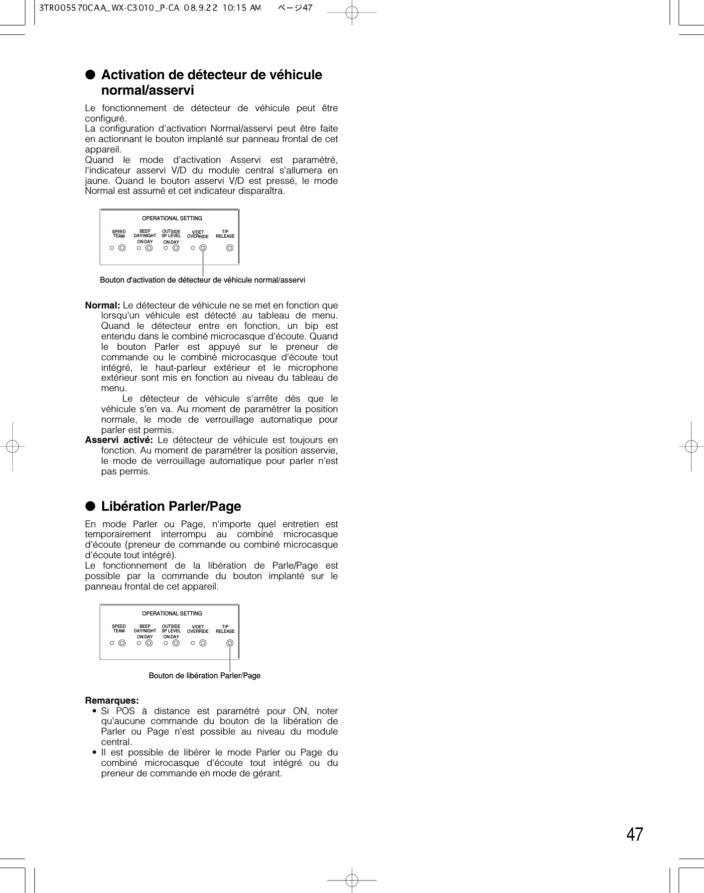 47●Activation de détecteur de véhiculenormal/asserviLe fonctionnement de détecteur de véhicule peut êtreconfiguré.La configuration d&apos;activation Normal/asservi peut être faiteen actionnant le bouton implanté sur panneau frontal de cetappareil.Quand le mode d&apos;activation Asservi est paramétré,l&apos;indicateur asservi V/D du module central s&apos;allumera enjaune. Quand le bouton asservi V/D est pressé, le modeNormal est assumé et cet indicateur disparaîtra.Normal: Le détecteur de véhicule ne se met en fonction quelorsqu&apos;un véhicule est détecté au tableau de menu.Quand le détecteur entre en fonction, un bip estentendu dans le combiné microcasque d&apos;écoute. Quandle bouton Parler est appuyé sur le preneur decommande ou le combiné microcasque d&apos;écoute toutintégré, le haut-parleur extérieur et le microphoneextérieur sont mis en fonction au niveau du tableau demenu.Le détecteur de véhicule s&apos;arrête dès que levéhicule s&apos;en va. Au moment de paramétrer la positionnormale, le mode de verrouillage automatique pourparler est permis.Asservi activé: Le détecteur de véhicule est toujours enfonction. Au moment de paramétrer la position asservie,le mode de verrouillage automatique pour parler n&apos;estpas permis.●Libération Parler/PageEn mode Parler ou Page, n&apos;importe quel entretien esttemporairement interrompu au combiné microcasqued&apos;écoute (preneur de commande ou combiné microcasqued&apos;écoute tout intégré).Le fonctionnement de la libération de Parle/Page estpossible par la commande du bouton implanté sur lepanneau frontal de cet appareil.Remarques:• Si POS à distance est paramétré pour ON, noterqu&apos;aucune commande du bouton de la libération deParler ou Page n&apos;est possible au niveau du modulecentral.• Il est possible de libérer le mode Parler ou Page ducombiné microcasque d&apos;écoute tout intégré ou dupreneur de commande en mode de gérant.OPERATIONAL SETTINGSPEEDTEAMBEEPDAY/NIGHTON:DAYOUTSIDESP LEVELON:DAYV/DETOVERRIDE T/PRELEASEBouton d&apos;activation de détecteur de véhicule normal/asserviOPERATIONAL SETTINGSPEEDTEAMBEEPDAY/NIGHTON:DAYOUTSIDESP LEVELON:DAYV/DETOVERRIDE T/PRELEASEBouton de libération Parler/Page
