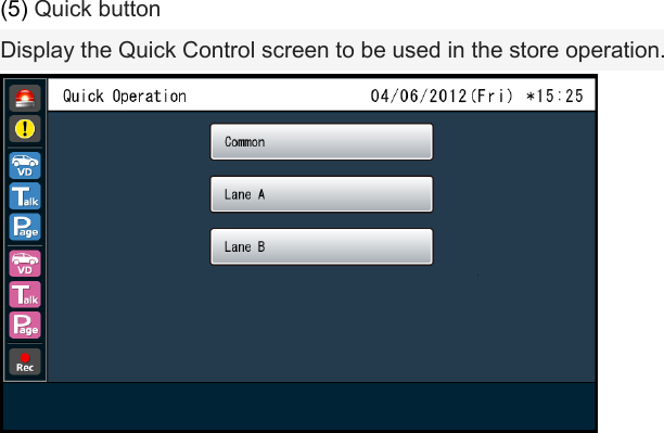 (5) Quick button Display the Quick Control screen to be used in the store operation.    
