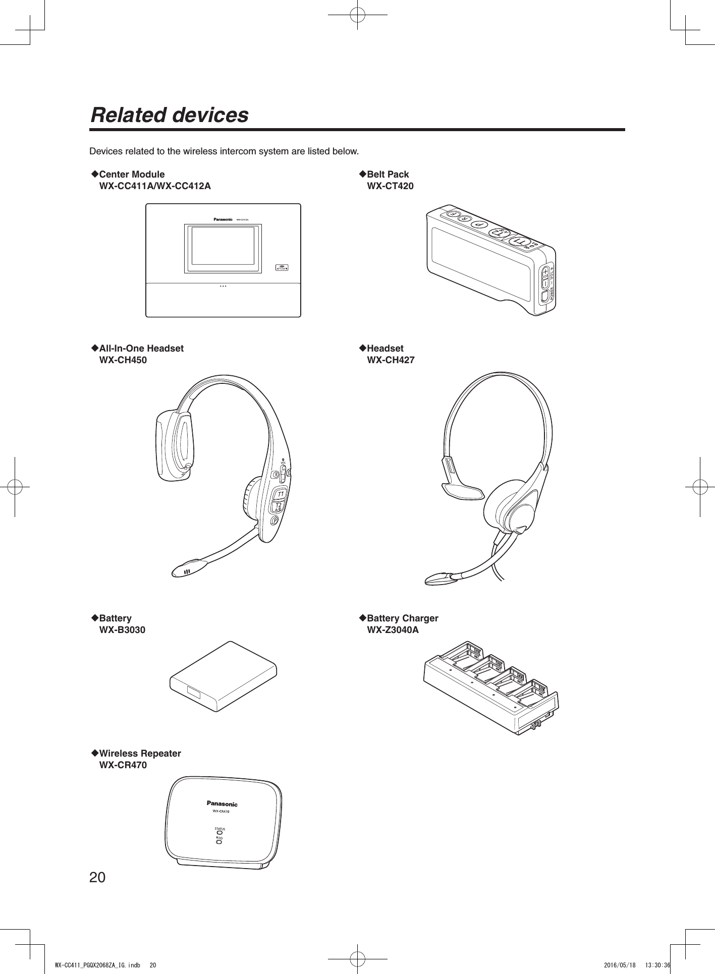 20Related devicesDevices related to the wireless intercom system are listed below.uCenter Module WX-CC411A/WX-CC412Au Belt  Pack WX-CT420u All-In-One  Headset WX-CH450uHeadset WX-CH427u Battery WX-B3030u Battery  Charger WX-Z3040Au Wireless  Repeater WX-CR470WX-CC411_PGQX2068ZA_IG.indb   20 2016/05/18   13:30:36