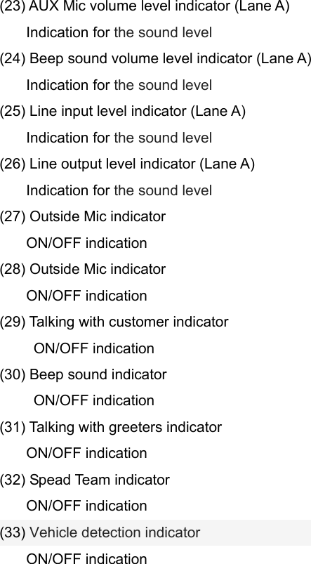 (23) AUX Mic volume level indicator (Lane A)    Indication for the sound level (24) Beep sound volume level indicator (Lane A)    Indication for the sound level (25) Line input level indicator (Lane A)    Indication for the sound level (26) Line output level indicator (Lane A)    Indication for the sound level (27) Outside Mic indicator    ON/OFF indication (28) Outside Mic indicator    ON/OFF indication (29) Talking with customer indicator     ON/OFF indication (30) Beep sound indicator     ON/OFF indication (31) Talking with greeters indicator    ON/OFF indication (32) Spead Team indicator    ON/OFF indication (33) Vehicle detection indicator    ON/OFF indication           