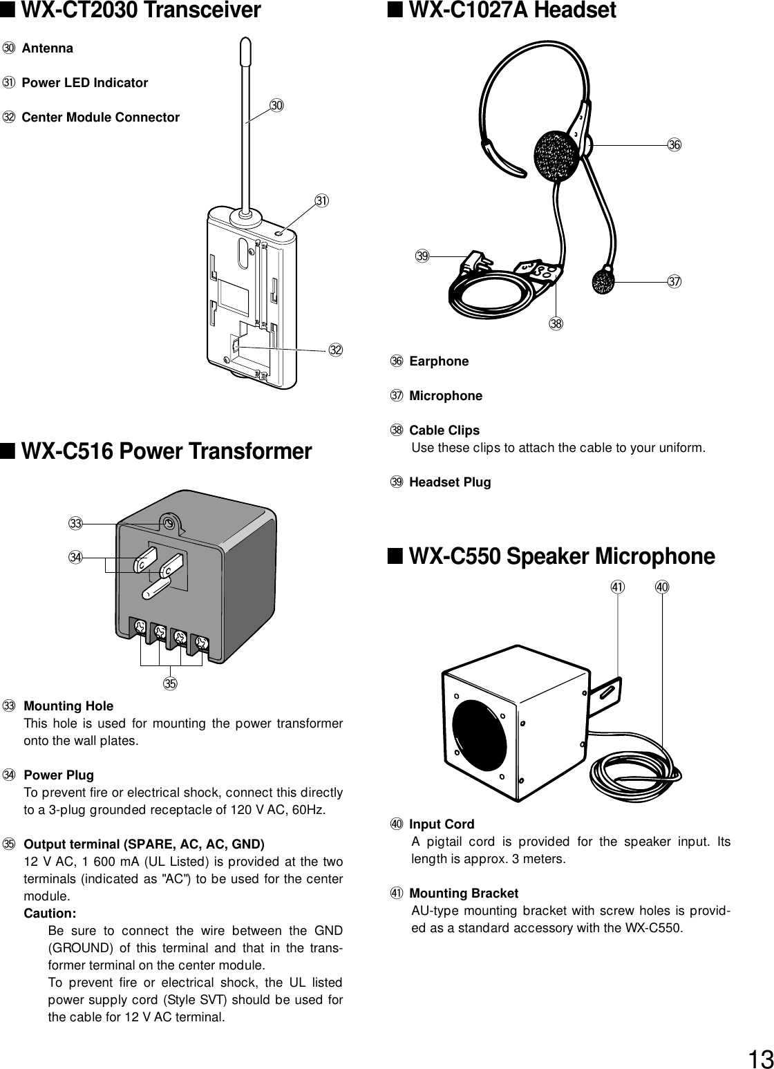 13■WX-CT2030 Transceiver#0 Antenna#1 Power LED Indicator#2 Center Module Connector■WX-C516 Power Transformer#3 Mounting Hole This hole is used for mounting the power transformeronto the wall plates.#4 Power PlugTo prevent fire or electrical shock, connect this directlyto a 3-plug grounded receptacle of 120 V AC, 60Hz.#5 Output terminal (SPARE, AC, AC, GND)12 V AC, 1 600 mA (UL Listed) is provided at the twoterminals (indicated as &quot;AC&quot;) to be used for the centermodule.Caution:Be sure to connect the wire between the GND(GROUND) of this terminal and that in the trans-former terminal on the center module.To prevent fire or electrical shock, the UL listedpower supply cord (Style SVT) should be used forthe cable for 12 V AC terminal.■WX-C1027A Headset#6 Earphone#7 Microphone#8 Cable ClipsUse these clips to attach the cable to your uniform.#9 Headset Plug■WX-C550 Speaker Microphone$0$1#3#4#5#6#7#8#9#0#1#2$0 Input Cord A pigtail cord is provided for the speaker input. Itslength is approx. 3 meters.$1 Mounting BracketAU-type mounting bracket with screw holes is provid-ed as a standard accessory with the WX-C550.