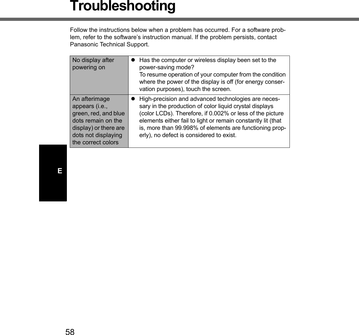 58ETroubleshootingFollow the instructions below when a problem has occurred. For a software prob-lem, refer to the software’s instruction manual. If the problem persists, contact  Panasonic Technical Support.No display after powering onzHas the computer or wireless display been set to the power-saving mode? To resume operation of your computer from the condition where the power of the display is off (for energy conser-vation purposes), touch the screen.An afterimage appears (i.e., green, red, and blue dots remain on the display) or there are dots not displaying the correct colorszHigh-precision and advanced technologies are neces-sary in the production of color liquid crystal displays (color LCDs). Therefore, if 0.002% or less of the picture elements either fail to light or remain constantly lit (that is, more than 99.998% of elements are functioning prop-erly), no defect is considered to exist.