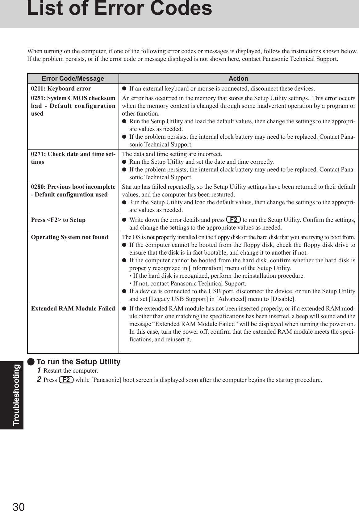 30TroubleshootingList of Error CodesWhen turning on the computer, if one of the following error codes or messages is displayed, follow the instructions shown below.If the problem persists, or if the error code or message displayed is not shown here, contact Panasonic Technical Support.Error Code/Message0211: Keyboard error0251: System CMOS checksumbad - Default configurationused0271: Check date and time set-tings0280: Previous boot incomplete- Default configuration usedPress &lt;F2&gt; to SetupOperating System not foundExtended RAM Module FailedActionIf an external keyboard or mouse is connected, disconnect these devices.An error has occurred in the memory that stores the Setup Utility settings.  This error occurswhen the memory content is changed through some inadvertent operation by a program orother function.Run the Setup Utility and load the default values, then change the settings to the appropri-ate values as needed.If the problem persists, the internal clock battery may need to be replaced. Contact Pana-sonic Technical Support.The data and time setting are incorrect.Run the Setup Utility and set the date and time correctly.If the problem persists, the internal clock battery may need to be replaced. Contact Pana-sonic Technical Support.Startup has failed repeatedly, so the Setup Utility settings have been returned to their defaultvalues, and the computer has been restarted.  Run the Setup Utility and load the default values, then change the settings to the appropri-ate values as needed.Write down the error details and press    F2    to run the Setup Utility. Confirm the settings,and change the settings to the appropriate values as needed.The OS is not properly installed on the floppy disk or the hard disk that you are trying to boot from.If the computer cannot be booted from the floppy disk, check the floppy disk drive toensure that the disk is in fact bootable, and change it to another if not.If the computer cannot be booted from the hard disk, confirm whether the hard disk isproperly recognized in [Information] menu of the Setup Utility.• If the hard disk is recognized, perform the reinstallation procedure.• If not, contact Panasonic Technical Support.If a device is connected to the USB port, disconnect the device, or run the Setup Utilityand set [Legacy USB Support] in [Advanced] menu to [Disable].If the extended RAM module has not been inserted properly, or if a extended RAM mod-ule other than one matching the specifications has been inserted, a beep will sound and themessage “Extended RAM Module Failed” will be displayed when turning the power on.In this case, turn the power off, confirm that the extended RAM module meets the speci-fications, and reinsert it. To run the Setup Utility1Restart the computer.2Press   F2   while [Panasonic] boot screen is displayed soon after the computer begins the startup procedure.