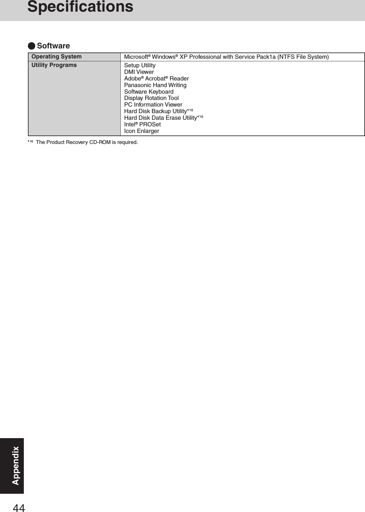 44AppendixMicrosoft® Windows® XP Professional with Service Pack1a (NTFS File System)Setup UtilityDMI ViewerAdobe® Acrobat® ReaderPanasonic Hand WritingSoftware KeyboardDisplay Rotation ToolPC Information ViewerHard Disk Backup Utility*16Hard Disk Data Erase Utility*16Intel® PROSetIcon EnlargerSoftwareOperating SystemUtility Programs*16  The Product Recovery CD-ROM is required.Specifications