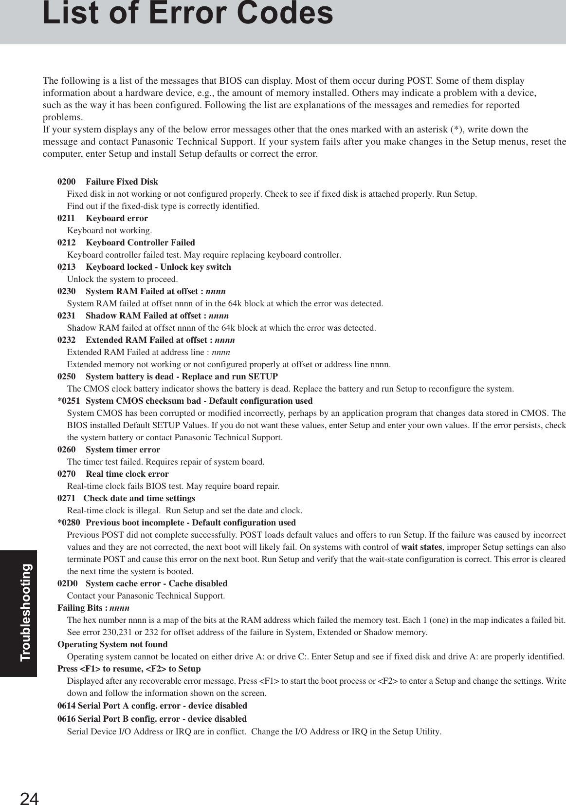 24TroubleshootingList of Error CodesThe following is a list of the messages that BIOS can display. Most of them occur during POST. Some of them displayinformation about a hardware device, e.g., the amount of memory installed. Others may indicate a problem with a device,such as the way it has been configured. Following the list are explanations of the messages and remedies for reportedproblems.If your system displays any of the below error messages other that the ones marked with an asterisk (*), write down themessage and contact Panasonic Technical Support. If your system fails after you make changes in the Setup menus, reset thecomputer, enter Setup and install Setup defaults or correct the error.0200 Failure Fixed DiskFixed disk in not working or not configured properly. Check to see if fixed disk is attached properly. Run Setup.Find out if the fixed-disk type is correctly identified.0211 Keyboard errorKeyboard not working.0212 Keyboard Controller FailedKeyboard controller failed test. May require replacing keyboard controller.0213 Keyboard locked - Unlock key switchUnlock the system to proceed.0230 System RAM Failed at offset : nnnnSystem RAM failed at offset nnnn of in the 64k block at which the error was detected.0231 Shadow RAM Failed at offset : nnnnShadow RAM failed at offset nnnn of the 64k block at which the error was detected.0232 Extended RAM Failed at offset : nnnnExtended RAM Failed at address line : nnnnExtended memory not working or not configured properly at offset or address line nnnn.0250 System battery is dead - Replace and run SETUPThe CMOS clock battery indicator shows the battery is dead. Replace the battery and run Setup to reconfigure the system.*0251 System CMOS checksum bad - Default configuration usedSystem CMOS has been corrupted or modified incorrectly, perhaps by an application program that changes data stored in CMOS. TheBIOS installed Default SETUP Values. If you do not want these values, enter Setup and enter your own values. If the error persists, checkthe system battery or contact Panasonic Technical Support.0260 System timer errorThe timer test failed. Requires repair of system board.0270 Real time clock errorReal-time clock fails BIOS test. May require board repair.0271 Check date and time settingsReal-time clock is illegal.  Run Setup and set the date and clock.*0280 Previous boot incomplete - Default configuration usedPrevious POST did not complete successfully. POST loads default values and offers to run Setup. If the failure was caused by incorrectvalues and they are not corrected, the next boot will likely fail. On systems with control of wait states, improper Setup settings can alsoterminate POST and cause this error on the next boot. Run Setup and verify that the wait-state configuration is correct. This error is clearedthe next time the system is booted.02D0 System cache error - Cache disabledContact your Panasonic Technical Support.Failing Bits : nnnnThe hex number nnnn is a map of the bits at the RAM address which failed the memory test. Each 1 (one) in the map indicates a failed bit.See error 230,231 or 232 for offset address of the failure in System, Extended or Shadow memory.Operating System not foundOperating system cannot be located on either drive A: or drive C:. Enter Setup and see if fixed disk and drive A: are properly identified.Press &lt;F1&gt; to resume, &lt;F2&gt; to SetupDisplayed after any recoverable error message. Press &lt;F1&gt; to start the boot process or &lt;F2&gt; to enter a Setup and change the settings. Writedown and follow the information shown on the screen.0614 Serial Port A config. error - device disabled0616 Serial Port B config. error - device disabledSerial Device I/O Address or IRQ are in conflict.  Change the I/O Address or IRQ in the Setup Utility.