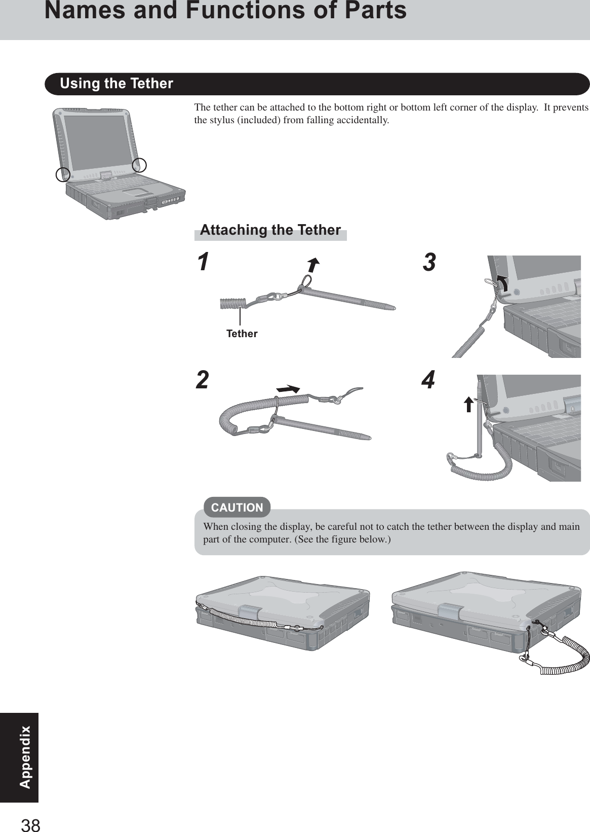 38AppendixNames and Functions of PartsUsing the TetherThe tether can be attached to the bottom right or bottom left corner of the display.  It preventsthe stylus (included) from falling accidentally.Attaching the Tether1234TetherCAUTIONWhen closing the display, be careful not to catch the tether between the display and mainpart of the computer. (See the figure below.)