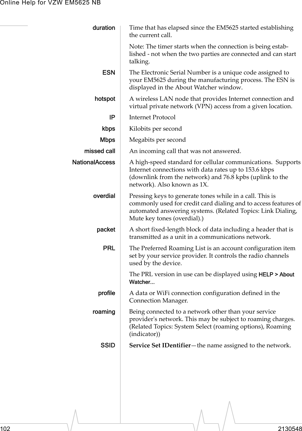 Online Help for VZW EM5625 NB102 2130548duration Time that has elapsed since the EM5625 started establishing the current call.Note: The timer starts when the connection is being estab-lished - not when the two parties are connected and can start talking.ESN The Electronic Serial Number is a unique code assigned to your EM5625 during the manufacturing process. The ESN is displayed in the About Watcher window.hotspot A wireless LAN node that provides Internet connection and virtual private network (VPN) access from a given location.IP Internet Protocolkbps Kilobits per secondMbps Megabits per secondmissed call An incoming call that was not answered.NationalAccess A high-speed standard for cellular communications.  Supports Internet connections with data rates up to 153.6 kbps (downlink from the network) and 76.8 kpbs (uplink to the network). Also known as 1X.overdial Pressing keys to generate tones while in a call. This is commonly used for credit card dialing and to access features of automated answering systems. (Related Topics: Link Dialing, Mute key tones (overdial).)packet A short fixed-length block of data including a header that is transmitted as a unit in a communications network.PRL The Preferred Roaming List is an account configuration item set by your service provider. It controls the radio channels used by the device.The PRL version in use can be displayed using HELP &gt; About Watcher...profile A data or WiFi connection configuration defined in the Connection Manager.roaming Being connected to a network other than your service provider&apos;s network. This may be subject to roaming charges. (Related Topics: System Select (roaming options), Roaming (indicator))SSID Service Set IDentifier—the name assigned to the network.