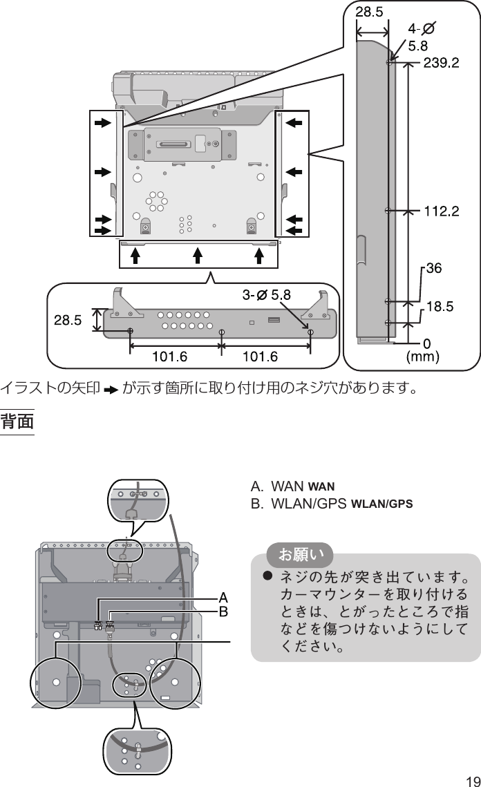 19 ネジの先が突き出ています。カーマウンターを取り付けるときは、とがったところで指などを傷つけないようにしてください。背面お願いイラストの矢印 が示す箇所に取り付け用のネジ穴があります。 A. WAN WANB. WLAN/GPS WLAN/GPS