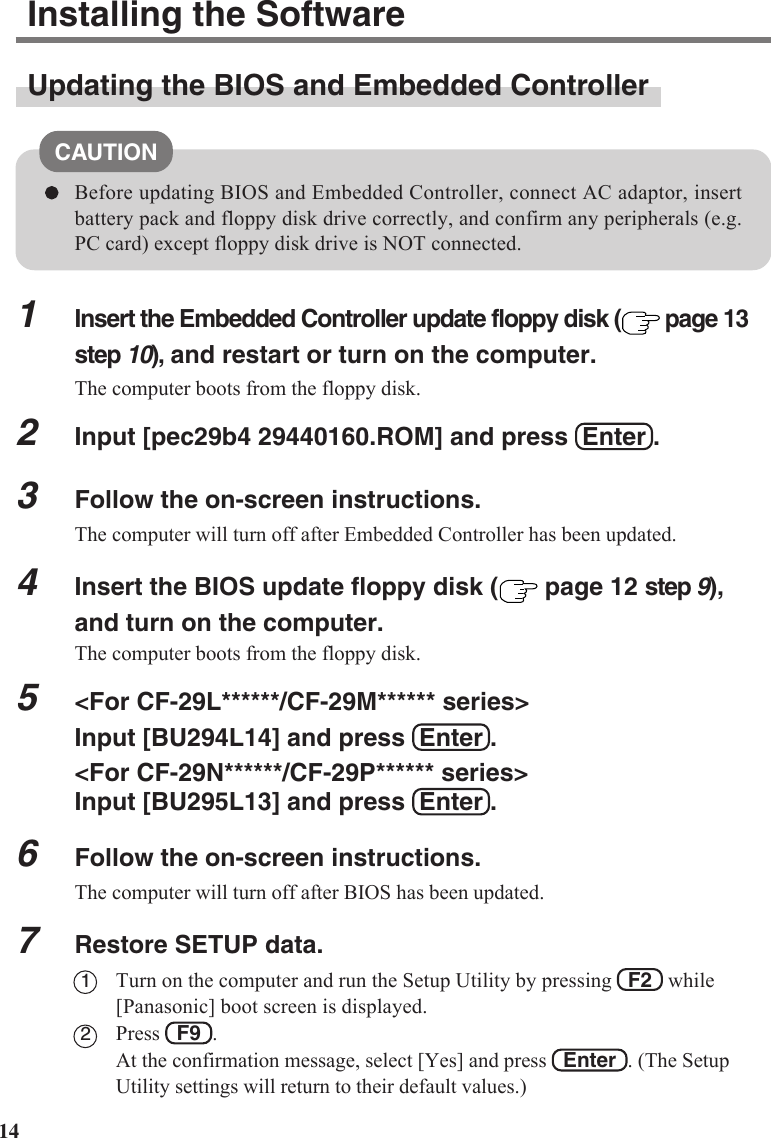 14CAUTIONBefore updating BIOS and Embedded Controller, connect AC adaptor, insertbattery pack and floppy disk drive correctly, and confirm any peripherals (e.g.PC card) except floppy disk drive is NOT connected.Updating the BIOS and Embedded Controller1Insert the Embedded Controller update floppy disk (  page 13step 10), and restart or turn on the computer.The computer boots from the floppy disk.2Input [pec29b4 29440160.ROM] and press  Enter .3Follow the on-screen instructions.The computer will turn off after Embedded Controller has been updated.4Insert the BIOS update floppy disk (  page 12 step 9),and turn on the computer.The computer boots from the floppy disk.5&lt;For CF-29L******/CF-29M****** series&gt;Input [BU294L14] and press  Enter .&lt;For CF-29N******/CF-29P****** series&gt;Input [BU295L13] and press  Enter .6Follow the on-screen instructions.The computer will turn off after BIOS has been updated.7Restore SETUP data.1Turn on the computer and run the Setup Utility by pressing   F2   while[Panasonic] boot screen is displayed.2Press   F9  .At the confirmation message, select [Yes] and press   Enter  . (The SetupUtility settings will return to their default values.)Installing the Software