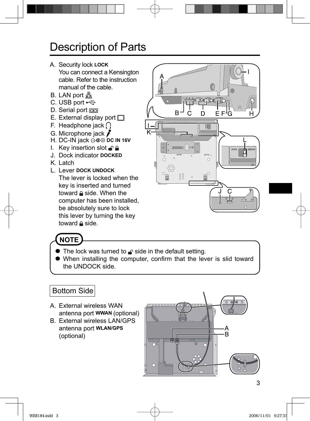 3Description of PartsA. Security lock LOCKYou can connect a Kensington cable. Refer to the instruction manual of the cable.B. LAN port C. USB port D. Serial port E. External display port F. Headphone jack G. Microphone jack H. DC-IN jack   DC IN 16VI.  Key insertion slot   J. Dock indicator DOCKEDK. LatchL. Lever DOCK UNDOCKThe lever is locked when the key is inserted and turned toward   side. When the computer has been installed, be absolutely sure to lock this lever by turning the key toward   side.NOTE The lock was turned to   side in the default setting. When installing the computer, conﬁ rm that the lever is slid toward the UNDOCK side.Bottom SideA.  External wireless WAN antenna port WWAN (optional)B.  External wireless LAN/GPS antenna port WLAN/GPS (optional)WEB184.indd   3WEB184.indd   3 2006/11/01   9:27:332006/11/01   9:27:33