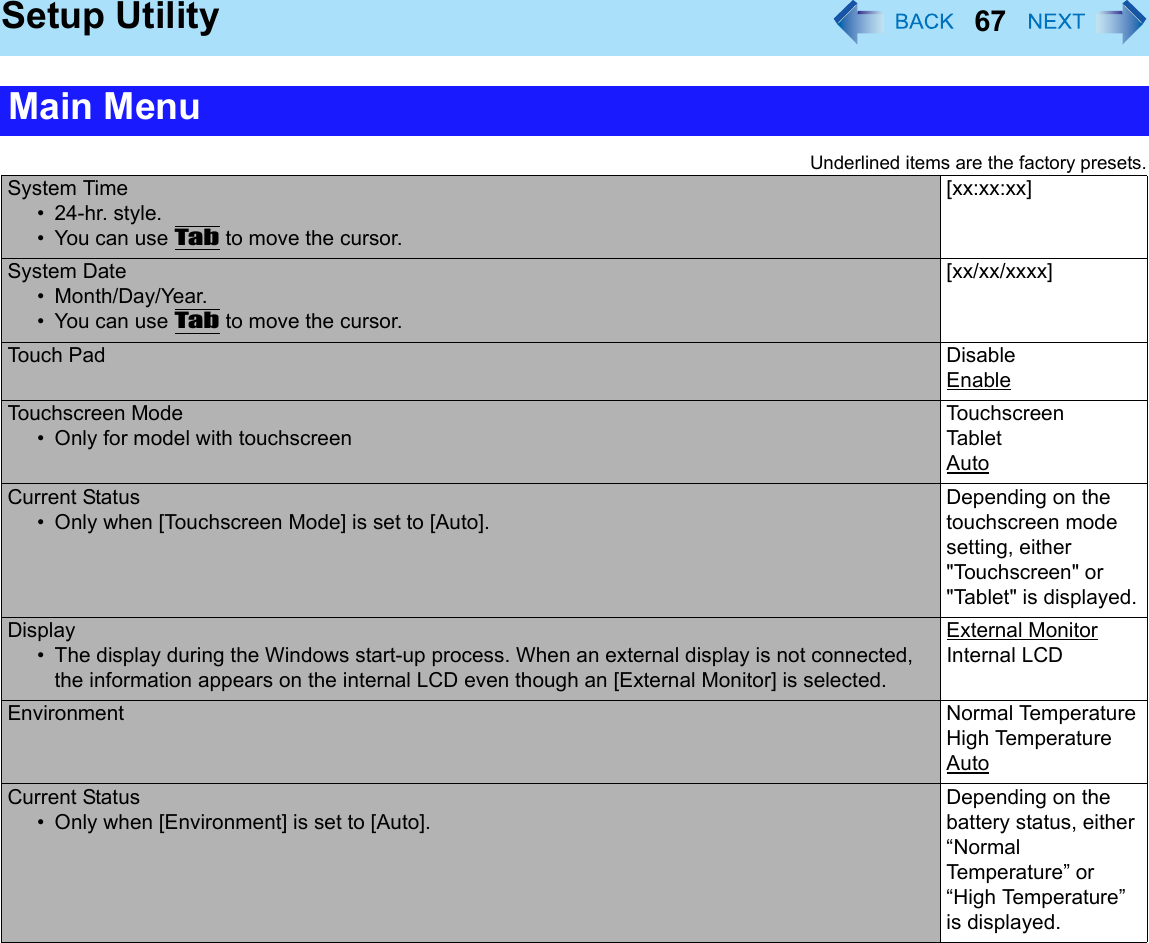 67Setup UtilityUnderlined items are the factory presets.Main MenuSystem Time• 24-hr. style.• You can use Tab to move the cursor.[xx:xx:xx]System Date• Month/Day/Year.• You can use Tab to move the cursor.[xx/xx/xxxx]Touch Pad DisableEnableTouchscreen Mode• Only for model with touchscreenTouchscreenTabletAutoCurrent Status• Only when [Touchscreen Mode] is set to [Auto].Depending on the touchscreen mode setting, either &quot;Touchscreen&quot; or &quot;Tablet&quot; is displayed.Display• The display during the Windows start-up process. When an external display is not connected, the information appears on the internal LCD even though an [External Monitor] is selected.External MonitorInternal LCDEnvironment Normal TemperatureHigh TemperatureAutoCurrent Status• Only when [Environment] is set to [Auto]. Depending on the battery status, either “Normal Temperature” or “High Temperature” is displayed.