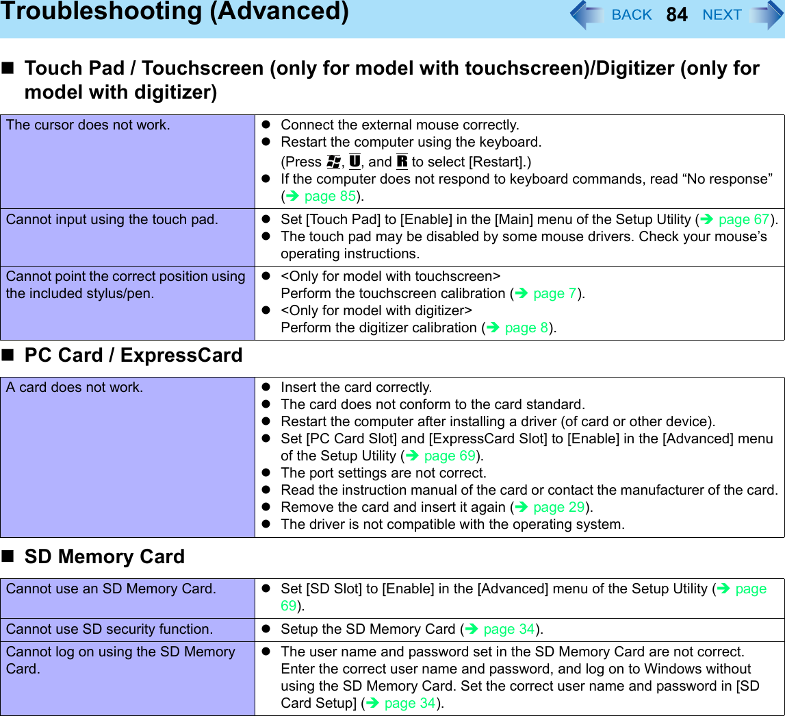 84Troubleshooting (Advanced)Touch Pad / Touchscreen (only for model with touchscreen)/Digitizer (only for model with digitizer)The cursor does not work. zConnect the external mouse correctly.zRestart the computer using the keyboard. (Press , U, and R to select [Restart].)zIf the computer does not respond to keyboard commands, read “No response” (Îpage 85).Cannot input using the touch pad. zSet [Touch Pad] to [Enable] in the [Main] menu of the Setup Utility (Îpage 67).zThe touch pad may be disabled by some mouse drivers. Check your mouse’s operating instructions.Cannot point the correct position using the included stylus/pen.z&lt;Only for model with touchscreen&gt;Perform the touchscreen calibration (Îpage 7).z&lt;Only for model with digitizer&gt;Perform the digitizer calibration (Îpage 8).PC Card / ExpressCardA card does not work. zInsert the card correctly.zThe card does not conform to the card standard.zRestart the computer after installing a driver (of card or other device).zSet [PC Card Slot] and [ExpressCard Slot] to [Enable] in the [Advanced] menu of the Setup Utility (Îpage 69).zThe port settings are not correct.zRead the instruction manual of the card or contact the manufacturer of the card.zRemove the card and insert it again (Îpage 29).zThe driver is not compatible with the operating system.SD Memory CardCannot use an SD Memory Card. zSet [SD Slot] to [Enable] in the [Advanced] menu of the Setup Utility (Îpage 69).Cannot use SD security function. zSetup the SD Memory Card (Îpage 34).Cannot log on using the SD Memory Card.zThe user name and password set in the SD Memory Card are not correct.Enter the correct user name and password, and log on to Windows without using the SD Memory Card. Set the correct user name and password in [SD Card Setup] (Îpage 34).