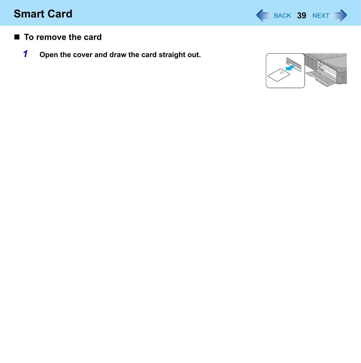 39Smart CardTo remove the card1Open the cover and draw the card straight out.