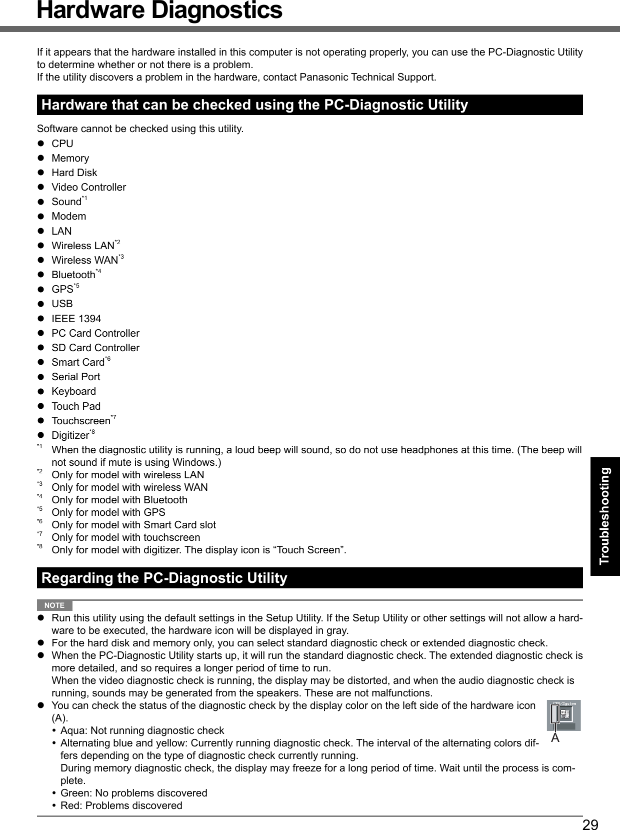 29TroubleshootingHardware DiagnosticsIf it appears that the hardware installed in this computer is not operating properly, you can use the PC-Diagnostic Utility to determine whether or not there is a problem. If the utility discovers a problem in the hardware, contact Panasonic Technical Support.Hardware that can be checked using the PC-Diagnostic UtilitySoftware cannot be checked using this utility. CPU  Memory  Hard Disk  Video Controller  Sound*1  Modem  LAN  Wireless LAN*2  Wireless WAN*3  Bluetooth*4  GPS*5  USB  IEEE 1394   PC Card Controller   SD Card Controller  Smart Card*6  Serial Port  Keyboard  Touch Pad  Touchscreen*7 Digitizer*8*1  When the diagnostic utility is running, a loud beep will sound, so do not use headphones at this time. (The beep will not sound if mute is using Windows.)*2  Only for model with wireless LAN*3  Only for model with wireless WAN*4  Only for model with Bluetooth*5  Only for model with GPS*6  Only for model with Smart Card slot*7  Only for model with touchscreen*8  Only for model with digitizer. The display icon is “Touch Screen”.Regarding the PC-Diagnostic Utility NOTE   Run this utility using the default settings in the Setup Utility. If the Setup Utility or other settings will not allow a hard-ware to be executed, the hardware icon will be displayed in gray.   For the hard disk and memory only, you can select standard diagnostic check or extended diagnostic check.  When the PC-Diagnostic Utility starts up, it will run the standard diagnostic check. The extended diagnostic check is more detailed, and so requires a longer period of time to run. When the video diagnostic check is running, the display may be distorted, and when the audio diagnostic check is running, sounds may be generated from the speakers. These are not malfunctions.   You can check the status of the diagnostic check by the display color on the left side of the hardware icon (A).  Aqua: Not running diagnostic check Alternating blue and yellow: Currently running diagnostic check. The interval of the alternating colors dif-fers depending on the type of diagnostic check currently running.  During memory diagnostic check, the display may freeze for a long period of time. Wait until the process is com-plete.  Green: No problems discovered Red: Problems discoveredA