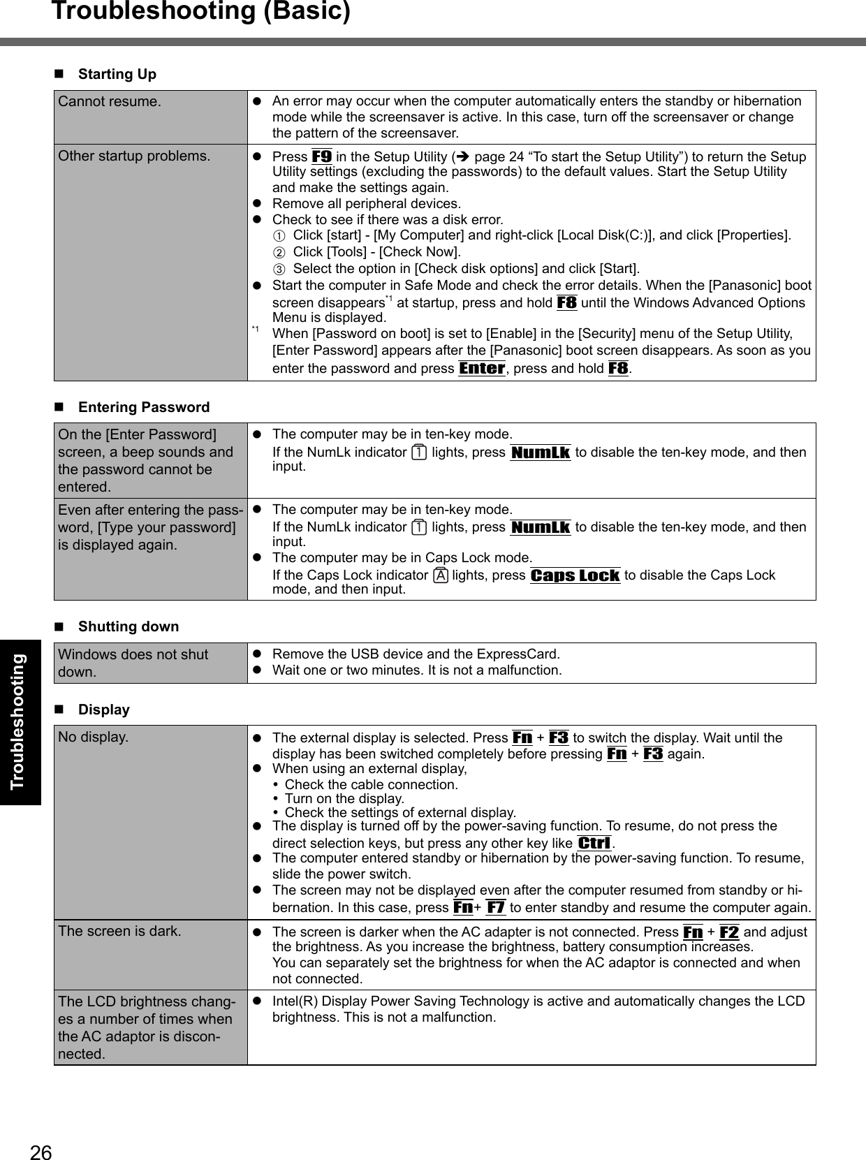 26Troubleshooting Starting UpCannot resume.   An error may occur when the computer automatically enters the standby or hibernation mode while the screensaver is active. In this case, turn off the screensaver or change the pattern of the screensaver.Other startup problems.  Press F9 in the Setup Utility ( page 24 “To start the Setup Utility”) to return the Setup Utility settings (excluding the passwords) to the default values. Start the Setup Utility and make the settings again.  Remove all peripheral devices.  Check to see if there was a disk error.A  Click [start] - [My Computer] and right-click [Local Disk(C:)], and click [Properties].B  Click [Tools] - [Check Now].C  Select the option in [Check disk options] and click [Start].  Start the computer in Safe Mode and check the error details. When the [Panasonic] boot screen disappears*1 at startup, press and hold F8 until the Windows Advanced Options Menu is displayed.*1  When [Password on boot] is set to [Enable] in the [Security] menu of the Setup Utility, [Enter Password] appears after the [Panasonic] boot screen disappears. As soon as you enter the password and press Enter, press and hold F8. Entering PasswordOn the [Enter Password] screen, a beep sounds and the password cannot be entered.  The computer may be in ten-key mode. If the NumLk indicator   lights, press NumLk to disable the ten-key mode, and then input.Even after entering the pass-word, [Type your password] is displayed again.  The computer may be in ten-key mode.If the NumLk indicator   lights, press NumLk to disable the ten-key mode, and then input.  The computer may be in Caps Lock mode.If the Caps Lock indicator   lights, press Caps Lock to disable the Caps Lock mode, and then input. Shutting downWindows does not shut down.  Remove the USB device and the ExpressCard.  Wait one or two minutes. It is not a malfunction. DisplayNo display.   The external display is selected. Press Fn + F3 to switch the display. Wait until the display has been switched completely before pressing Fn + F3 again.  When using an external display,  Check the cable connection.  Turn on the display.  Check the settings of external display.  The display is turned off by the power-saving function. To resume, do not press the direct selection keys, but press any other key like Ctrl.  The computer entered standby or hibernation by the power-saving function. To resume, slide the power switch.  The screen may not be displayed even after the computer resumed from standby or hi-bernation. In this case, press Fn+ F7 to enter standby and resume the computer again.The screen is dark.   The screen is darker when the AC adapter is not connected. Press Fn + F2 and adjust the brightness. As you increase the brightness, battery consumption increases. You can separately set the brightness for when the AC adaptor is connected and when not connected.The LCD brightness chang-es a number of times when the AC adaptor is discon-nected.  Intel(R) Display Power Saving Technology is active and automatically changes the LCD brightness. This is not a malfunction.Troubleshooting (Basic)