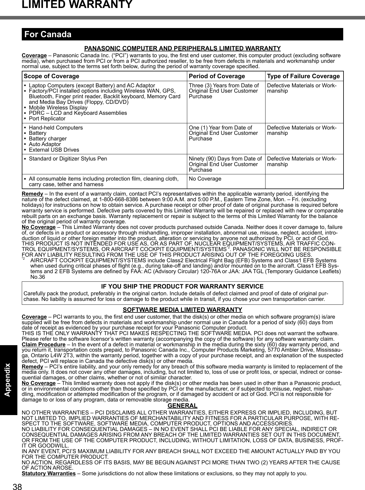 38AppendixFor CanadaPANASONIC COMPUTER AND PERIPHERALS LIMITED WARRANTYCoverage – Panasonic Canada Inc. (“PCI”) warrants to you, the ﬁ rst end user customer, this computer product (excluding software media), when purchased from PCI or from a PCI authorized reseller, to be free from defects in materials and workmanship under normal use, subject to the terms set forth below, during the period of warranty coverage speciﬁ ed.Scope of Coverage Period of Coverage Type of Failure Coverage Laptop Computers (except Battery) and AC Adaptor Factory/PCI installed options including Wireless WAN, GPS, Bluetooth, Finger print reader, Backlit keyboard, Memory Card and Media Bay Drives (Floppy, CD/DVD) Mobile Wireless Display  PDRC – LCD and Keyboard Assemblies Port ReplicatorThree (3) Years from Date of Original End User Customer PurchaseDefective Materials or Work-manship Hand-held Computers Battery Battery charger Auto Adaptor External USB DrivesOne (1) Year from Date of Original End User Customer PurchaseDefective Materials or Work-manship Standard or Digitizer Stylus Pen Ninety (90) Days from Date of Original End User Customer PurchaseDefective Materials or Work-manship All consumable items including protection ﬁ lm, cleaning cloth, carry case, tether and harness No CoverageRemedy – In the event of a warranty claim, contact PCI’s representatives within the applicable warranty period, identifying the nature of the defect claimed, at 1-800-668-8386 between 9:00 A.M. and 5:00 P.M., Eastern Time Zone, Mon. – Fri. (excluding holidays) for instructions on how to obtain service. A purchase receipt or other proof of date of original purchase is required before warranty service is performed. Defective parts covered by this Limited Warranty will be repaired or replaced with new or comparable rebuilt parts on an exchange basis. Warranty replacement or repair is subject to the terms of this Limited Warranty for the balance of the original period of warranty coverage.No Coverage – This Limited Warranty does not cover products purchased outside Canada. Neither does it cover damage to, failure of, or defects in a product or accessory through mishandling, improper installation, abnormal use, misuse, neglect, accident, intro-duction of liquid or other foreign matter into the product, alteration or servicing by anyone not authorized by PCI, or act of God.THIS PRODUCT IS NOT INTENDED FOR USE AS, OR AS PART OF, NUCLEAR EQUIPMENT/SYSTEMS, AIR TRAFFIC CON-TROL EQUIPMENT/SYSTEMS, OR AIRCRAFT COCKPIT EQUIPMENT/SYSTEMS*2. PANASONIC WILL NOT BE RESPONSIBLE FOR ANY LIABILITY RESULTING FROM THE USE OF THIS PRODUCT ARISING OUT OF THE FOREGOING USES.*2  AIRCRAFT COCKPIT EQUIPMENT/SYSTEMS include Class2 Electrical Flight Bag (EFB) Systems and Class1 EFB Systems when used during critical phases of ﬂ ight (e.g., during take-off and landing) and/or mounted on to the aircraft. Class1 EFB Sys-tems and 2 EFB Systems are deﬁ ned by FAA: AC (Advisory Circular) 120-76A or JAA: JAA TGL (Temporary Guidance Leaﬂ ets) No.36IF YOU SHIP THE PRODUCT FOR WARRANTY SERVICECarefully pack the product, preferably in the original carton. Include details of defect claimed and proof of date of original pur-chase. No liability is assumed for loss or damage to the product while in transit, if you chose your own transportation carrier.SOFTWARE MEDIA LIMITED WARRANTYCoverage – PCI warrants to you, the ﬁ rst end user customer, that the disk(s) or other media on which software program(s) is/are supplied will be free from defects in materials and workmanship under normal use in Canada for a period of sixty (60) days from date of receipt as evidenced by your purchase receipt for your Panasonic Computer product. THIS IS THE ONLY WARRANTY THAT PCI MAKES RESPECTING THE SOFTWARE MEDIA. PCI does not warrant the software. Please refer to the software licensor’s written warranty (accompanying the copy of the software) for any software warranty claim.Claim Procedure – In the event of a defect in material or workmanship in the media during the sixty (60) day warranty period, and you return it, transportation costs prepaid, to Panasonic Canada Inc., Computer Products Marketing, 5770 Ambler Drive, Mississau-ga, Ontario L4W 2T3, within the warranty period, together with a copy of your purchase receipt, and an explanation of the suspected defect, PCI will replace in Canada the defective disk(s) or other media.Remedy – PCI’s entire liability, and your only remedy for any breach of this software media warranty is limited to replacement of the media only. It does not cover any other damages, including, but not limited to, loss of use or proﬁ t loss, or special, indirect or conse-quential damages, or other claims, whether or not of similar character.No Coverage – This limited warranty does not apply if the disk(s) or other media has been used in other than a Panasonic product, or in environmental conditions other than those speciﬁ ed by PCI or the manufacturer, or if subjected to misuse, neglect, mishan-dling, modiﬁ cation or attempted modiﬁ cation of the program, or if damaged by accident or act of God. PCI is not responsible for damage to or loss of any program, data or removable storage media.GENERALNO OTHER WARRANTIES – PCI DISCLAIMS ALL OTHER WARRANTIES, EITHER EXPRESS OR IMPLIED, INCLUDING, BUT NOT LIMITED TO, IMPLIED WARRANTIES OF MERCHANTABILITY AND FITNESS FOR A PARTICULAR PURPOSE, WITH RE-SPECT TO THE SOFTWARE, SOFTWARE MEDIA, COMPUTER PRODUCT, OPTIONS AND ACCESSORIES.NO LIABILITY FOR CONSEQUENTIAL DAMAGES – IN NO EVENT SHALL PCI BE LIABLE FOR ANY SPECIAL, INDIRECT OR CONSEQUENTIAL DAMAGES ARISING FROM ANY BREACH OF THE LIMITED WARRANTIES SET OUT IN THIS DOCUMENT, OR FROM THE USE OF THE COMPUTER PRODUCT, INCLUDING, WITHOUT LIMITATION, LOSS OF DATA, BUSINESS, PROF-IT OR GOODWILL.IN ANY EVENT, PCI’S MAXIMUM LIABILITY FOR ANY BREACH SHALL NOT EXCEED THE AMOUNT ACTUALLY PAID BY YOU FOR THE COMPUTER PRODUCT.NO ACTION, REGARDLESS OF ITS BASIS, MAY BE BEGUN AGAINST PCI MORE THAN TWO (2) YEARS AFTER THE CAUSE OF ACTION AROSE.Statutory Warranties – Some jurisdictions do not allow these limitations or exclusions, so they may not apply to you.LIMITED WARRANTY