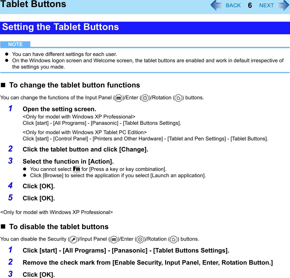 6Tablet ButtonsNOTEzYou can have different settings for each user.zOn the Windows logon screen and Welcome screen, the tablet buttons are enabled and work in default irrespective of the settings you made.To change the tablet button functionsYou can change the functions of the Input Panel ( )/Enter ( )/Rotation ( ) buttons. 1Open the setting screen.&lt;Only for model with Windows XP Professional&gt;Click [start] - [All Programs] - [Panasonic] - [Tablet Buttons Settings].&lt;Only for model with Windows XP Tablet PC Edition&gt;Click [start] - [Control Panel] - [Printers and Other Hardware] - [Tablet and Pen Settings] - [Tablet Buttons].2Click the tablet button and click [Change].3Select the function in [Action].zYou cannot select Fn for [Press a key or key combination].zClick [Browse] to select the application if you select [Launch an application].4Click [OK].5Click [OK].&lt;Only for model with Windows XP Professional&gt;To disable the tablet buttonsYou can disable the Security ( )/Input Panel ( )/Enter ( )/Rotation ( ) buttons.1Click [start] - [All Programs] - [Panasonic] - [Tablet Buttons Settings].2Remove the check mark from [Enable Security, Input Panel, Enter, Rotation Button.]3Click [OK].Setting the Tablet Buttons