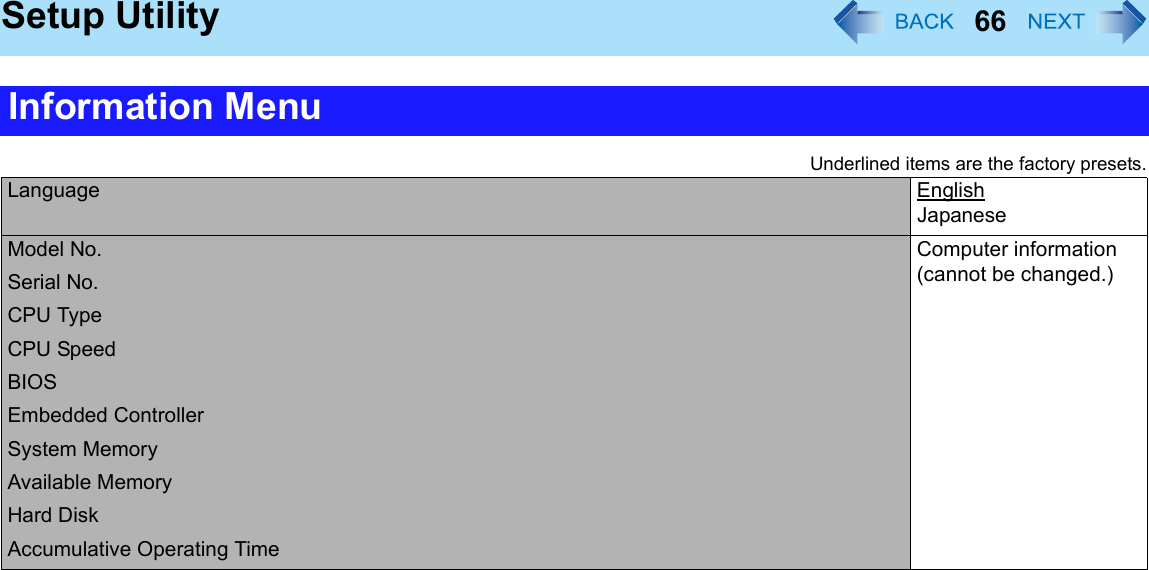 66Setup UtilityUnderlined items are the factory presets.Information MenuLanguage EnglishJapaneseModel No. Computer information (cannot be changed.)Serial No.CPU TypeCPU SpeedBIOSEmbedded ControllerSystem MemoryAvailable MemoryHard DiskAccumulative Operating Time