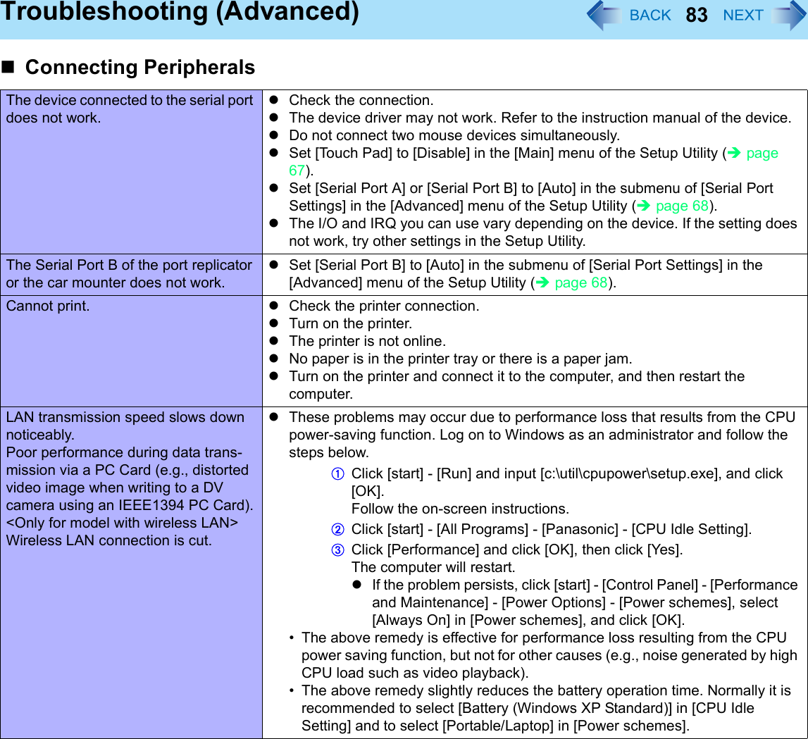 83Troubleshooting (Advanced)The device connected to the serial port does not work.zCheck the connection.zThe device driver may not work. Refer to the instruction manual of the device. zDo not connect two mouse devices simultaneously.zSet [Touch Pad] to [Disable] in the [Main] menu of the Setup Utility (Îpage 67).zSet [Serial Port A] or [Serial Port B] to [Auto] in the submenu of [Serial Port Settings] in the [Advanced] menu of the Setup Utility (Îpage 68).zThe I/O and IRQ you can use vary depending on the device. If the setting does not work, try other settings in the Setup Utility.The Serial Port B of the port replicator or the car mounter does not work.zSet [Serial Port B] to [Auto] in the submenu of [Serial Port Settings] in the [Advanced] menu of the Setup Utility (Îpage 68).Cannot print. zCheck the printer connection.zTurn on the printer.zThe printer is not online.zNo paper is in the printer tray or there is a paper jam.zTurn on the printer and connect it to the computer, and then restart the computer.LAN transmission speed slows down noticeably.Poor performance during data trans-mission via a PC Card (e.g., distorted video image when writing to a DV camera using an IEEE1394 PC Card).&lt;Only for model with wireless LAN&gt;Wireless LAN connection is cut.zThese problems may occur due to performance loss that results from the CPU power-saving function. Log on to Windows as an administrator and follow the steps below.AClick [start] - [Run] and input [c:\util\cpupower\setup.exe], and click [OK].Follow the on-screen instructions.BClick [start] - [All Programs] - [Panasonic] - [CPU Idle Setting].CClick [Performance] and click [OK], then click [Yes].The computer will restart.zIf the problem persists, click [start] - [Control Panel] - [Performance and Maintenance] - [Power Options] - [Power schemes], select [Always On] in [Power schemes], and click [OK].• The above remedy is effective for performance loss resulting from the CPU power saving function, but not for other causes (e.g., noise generated by high CPU load such as video playback).• The above remedy slightly reduces the battery operation time. Normally it is recommended to select [Battery (Windows XP Standard)] in [CPU Idle Setting] and to select [Portable/Laptop] in [Power schemes].Connecting Peripherals