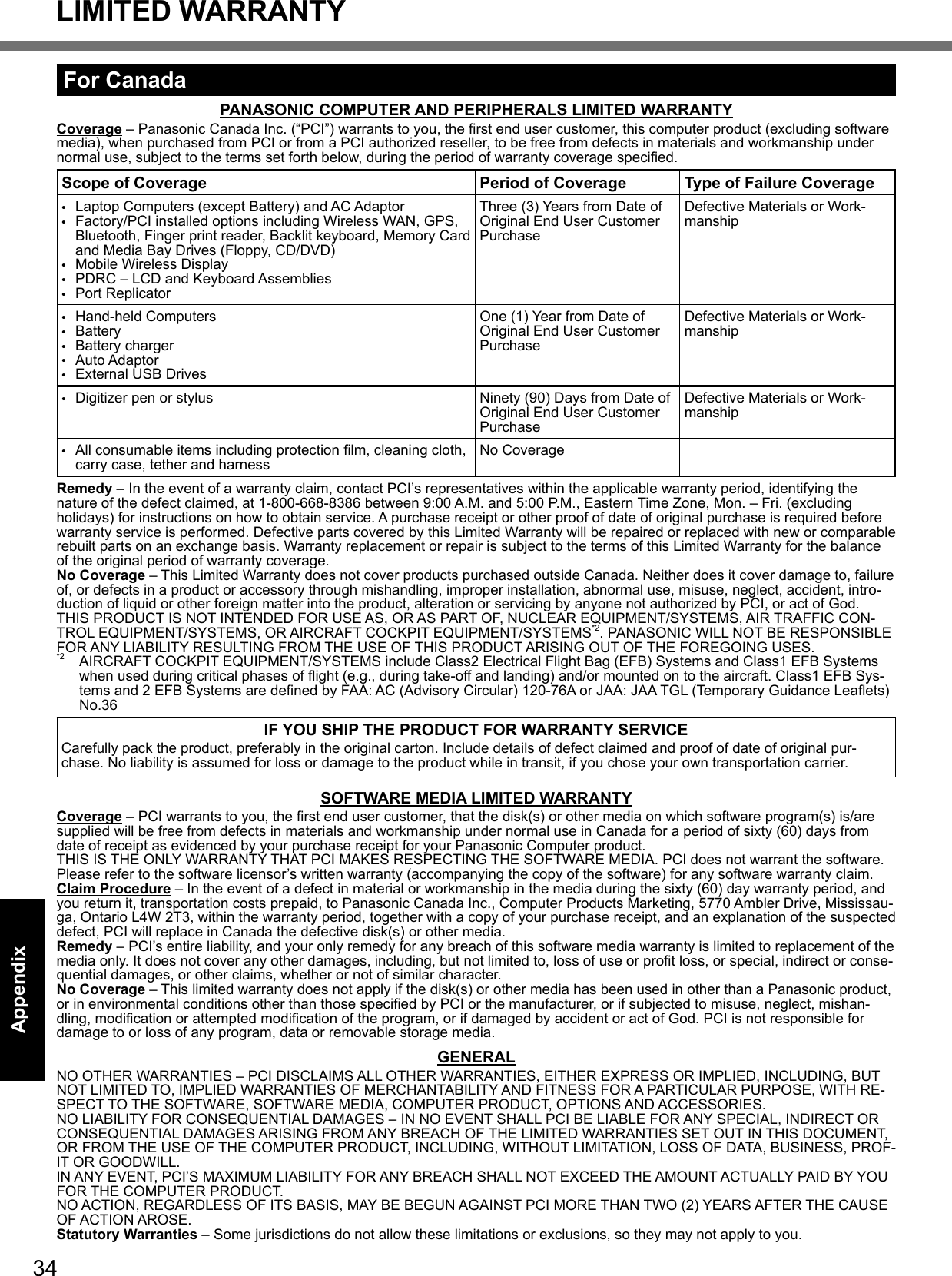 34AppendixLIMITED WARRANTYFor CanadaPANASONIC COMPUTER AND PERIPHERALS LIMITED WARRANTYCoverage – Panasonic Canada Inc. (“PCI”) warrants to you, the ﬁ rst end user customer, this computer product (excluding software media), when purchased from PCI or from a PCI authorized reseller, to be free from defects in materials and workmanship under normal use, subject to the terms set forth below, during the period of warranty coverage speciﬁ ed.Scope of Coverage Period of Coverage Type of Failure Coverage•  Laptop Computers (except Battery) and AC Adaptor•  Factory/PCI installed options including Wireless WAN, GPS, Bluetooth, Finger print reader, Backlit keyboard, Memory Card and Media Bay Drives (Floppy, CD/DVD)•  Mobile Wireless Display •  PDRC – LCD and Keyboard Assemblies• Port ReplicatorThree (3) Years from Date of Original End User Customer PurchaseDefective Materials or Work-manship• Hand-held Computers• Battery• Battery charger• Auto Adaptor•  External USB DrivesOne (1) Year from Date of Original End User Customer PurchaseDefective Materials or Work-manship•  Digitizer pen or stylus Ninety (90) Days from Date of Original End User Customer PurchaseDefective Materials or Work-manship•  All consumable items including protection ﬁ lm, cleaning cloth, carry case, tether and harness No CoverageRemedy – In the event of a warranty claim, contact PCI’s representatives within the applicable warranty period, identifying the nature of the defect claimed, at 1-800-668-8386 between 9:00 A.M. and 5:00 P.M., Eastern Time Zone, Mon. – Fri. (excluding holidays) for instructions on how to obtain service. A purchase receipt or other proof of date of original purchase is required before warranty service is performed. Defective parts covered by this Limited Warranty will be repaired or replaced with new or comparable rebuilt parts on an exchange basis. Warranty replacement or repair is subject to the terms of this Limited Warranty for the balance of the original period of warranty coverage.No Coverage – This Limited Warranty does not cover products purchased outside Canada. Neither does it cover damage to, failure of, or defects in a product or accessory through mishandling, improper installation, abnormal use, misuse, neglect, accident, intro-duction of liquid or other foreign matter into the product, alteration or servicing by anyone not authorized by PCI, or act of God.THIS PRODUCT IS NOT INTENDED FOR USE AS, OR AS PART OF, NUCLEAR EQUIPMENT/SYSTEMS, AIR TRAFFIC CON-TROL EQUIPMENT/SYSTEMS, OR AIRCRAFT COCKPIT EQUIPMENT/SYSTEMS*2. PANASONIC WILL NOT BE RESPONSIBLE FOR ANY LIABILITY RESULTING FROM THE USE OF THIS PRODUCT ARISING OUT OF THE FOREGOING USES.*2  AIRCRAFT COCKPIT EQUIPMENT/SYSTEMS include Class2 Electrical Flight Bag (EFB) Systems and Class1 EFB Systems when used during critical phases of ﬂ ight (e.g., during take-off and landing) and/or mounted on to the aircraft. Class1 EFB Sys-tems and 2 EFB Systems are deﬁ ned by FAA: AC (Advisory Circular) 120-76A or JAA: JAA TGL (Temporary Guidance Leaﬂ ets) No.36 IF YOU SHIP THE PRODUCT FOR WARRANTY SERVICECarefully pack the product, preferably in the original carton. Include details of defect claimed and proof of date of original pur-chase. No liability is assumed for loss or damage to the product while in transit, if you chose your own transportation carrier.SOFTWARE MEDIA LIMITED WARRANTYCoverage – PCI warrants to you, the ﬁ rst end user customer, that the disk(s) or other media on which software program(s) is/are supplied will be free from defects in materials and workmanship under normal use in Canada for a period of sixty (60) days from date of receipt as evidenced by your purchase receipt for your Panasonic Computer product.THIS IS THE ONLY WARRANTY THAT PCI MAKES RESPECTING THE SOFTWARE MEDIA. PCI does not warrant the software. Please refer to the software licensor’s written warranty (accompanying the copy of the software) for any software warranty claim.Claim Procedure – In the event of a defect in material or workmanship in the media during the sixty (60) day warranty period, and you return it, transportation costs prepaid, to Panasonic Canada Inc., Computer Products Marketing, 5770 Ambler Drive, Mississau-ga, Ontario L4W 2T3, within the warranty period, together with a copy of your purchase receipt, and an explanation of the suspected defect, PCI will replace in Canada the defective disk(s) or other media.Remedy – PCI’s entire liability, and your only remedy for any breach of this software media warranty is limited to replacement of the media only. It does not cover any other damages, including, but not limited to, loss of use or proﬁ t loss, or special, indirect or conse-quential damages, or other claims, whether or not of similar character.No Coverage – This limited warranty does not apply if the disk(s) or other media has been used in other than a Panasonic product, or in environmental conditions other than those speciﬁ ed by PCI or the manufacturer, or if subjected to misuse, neglect, mishan-dling, modiﬁ cation or attempted modiﬁ cation of the program, or if damaged by accident or act of God. PCI is not responsible for damage to or loss of any program, data or removable storage media.GENERALNO OTHER WARRANTIES – PCI DISCLAIMS ALL OTHER WARRANTIES, EITHER EXPRESS OR IMPLIED, INCLUDING, BUT NOT LIMITED TO, IMPLIED WARRANTIES OF MERCHANTABILITY AND FITNESS FOR A PARTICULAR PURPOSE, WITH RE-SPECT TO THE SOFTWARE, SOFTWARE MEDIA, COMPUTER PRODUCT, OPTIONS AND ACCESSORIES.NO LIABILITY FOR CONSEQUENTIAL DAMAGES – IN NO EVENT SHALL PCI BE LIABLE FOR ANY SPECIAL, INDIRECT OR CONSEQUENTIAL DAMAGES ARISING FROM ANY BREACH OF THE LIMITED WARRANTIES SET OUT IN THIS DOCUMENT, OR FROM THE USE OF THE COMPUTER PRODUCT, INCLUDING, WITHOUT LIMITATION, LOSS OF DATA, BUSINESS, PROF-IT OR GOODWILL.IN ANY EVENT, PCI’S MAXIMUM LIABILITY FOR ANY BREACH SHALL NOT EXCEED THE AMOUNT ACTUALLY PAID BY YOU FOR THE COMPUTER PRODUCT.NO ACTION, REGARDLESS OF ITS BASIS, MAY BE BEGUN AGAINST PCI MORE THAN TWO (2) YEARS AFTER THE CAUSE OF ACTION AROSE.Statutory Warranties – Some jurisdictions do not allow these limitations or exclusions, so they may not apply to you.CF-19CTQZZBM.indb   34 2008/11/10   10:16:17