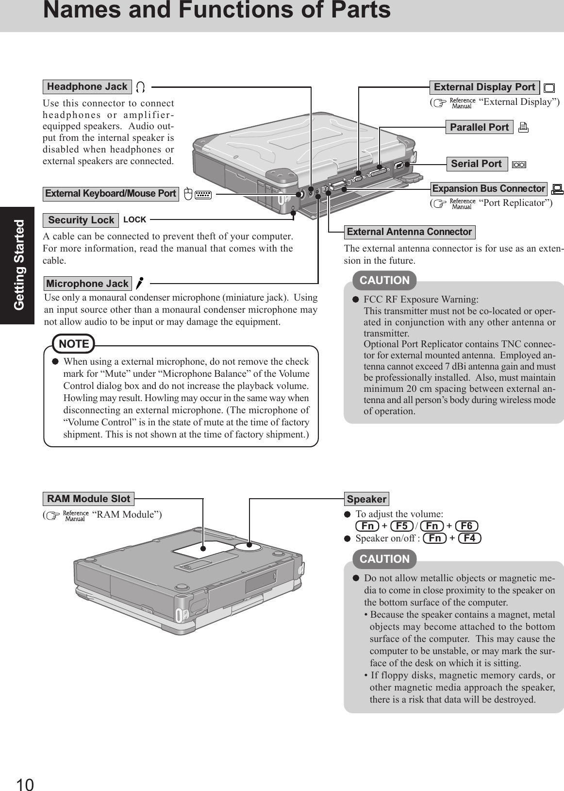 10Getting StartedSerial PortExpansion Bus Connector(    “Port Replicator”)External Keyboard/Mouse Port(    “External Display”)Use this connector to connectheadphones or amplifier-equipped speakers.  Audio out-put from the internal speaker isdisabled when headphones orexternal speakers are connected.Headphone Jack(    “RAM Module”)SpeakerTo adjust the volume:  Fn   +   F5   /   Fn   +   F6Speaker on/off :   Fn   +   F4RAM Module SlotSecurity LockA cable can be connected to prevent theft of your computer.For more information, read the manual that comes with thecable.LOCKExternal Display PortExternal Antenna ConnectorParallel PortNOTEWhen using a external microphone, do not remove the checkmark for “Mute” under “Microphone Balance” of the VolumeControl dialog box and do not increase the playback volume.Howling may result. Howling may occur in the same way whendisconnecting an external microphone. (The microphone of“Volume Control” is in the state of mute at the time of factoryshipment. This is not shown at the time of factory shipment.)Use only a monaural condenser microphone (miniature jack).  Usingan input source other than a monaural condenser microphone maynot allow audio to be input or may damage the equipment.Microphone JackThe external antenna connector is for use as an exten-sion in the future.CAUTIONFCC RF Exposure Warning:This transmitter must not be co-located or oper-ated in conjunction with any other antenna ortransmitter.Optional Port Replicator contains TNC connec-tor for external mounted antenna.  Employed an-tenna cannot exceed 7 dBi antenna gain and mustbe professionally installed.  Also, must maintainminimum 20 cm spacing between external an-tenna and all person’s body during wireless modeof operation.CAUTIONDo not allow metallic objects or magnetic me-dia to come in close proximity to the speaker onthe bottom surface of the computer.• Because the speaker contains a magnet, metalobjects may become attached to the bottomsurface of the computer.  This may cause thecomputer to be unstable, or may mark the sur-face of the desk on which it is sitting.• If floppy disks, magnetic memory cards, orother magnetic media approach the speaker,there is a risk that data will be destroyed.Names and Functions of Parts
