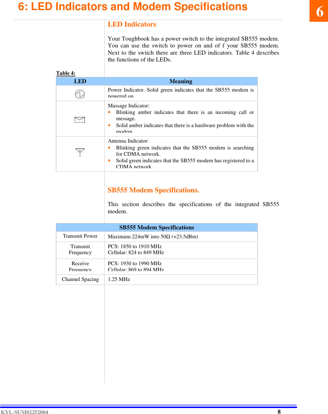  KYL-SUM02252004 6: LED Indicators and Modem Specifications   LED Indicators  Your Toughbook has a power switch to the integrated SB555 modem. You can use the switch to power on and of f your SB555 modem. Next to the switch there are three LED indicators. Table 4 describes the functions of the LEDs.                Table 4:   LED Meaning     Power Indicator. Solid green indicates that the SB555 modem is powered on.     Massage Indicator:  • Blinking amber indicates that there is an incoming call or message. • Solid amber indicates that there is a hardware problem with the modem.      Antenna Indicator: • Blinking green indicates that the SB555 modem is searching for CDMA network.  • Solid green indicates that the SB555 modem has registered to a CDMA network.        SB555 Modem Specifications.  This  section describes the specifications of the integrated SB555 modem.    SB555 Modem Specifications  Transmit Power Maximum 224mW into 50Ω (+23.5dBm)  Transmit Frequency PCS: 1850 to 1910 MHz Cellular: 824 to 849 MHz  Receive Frequency PCS: 1930 to 1990 MHz Cellular: 869 to 894 MHz  Channel Spacing 1.25 MHz      6 8 
