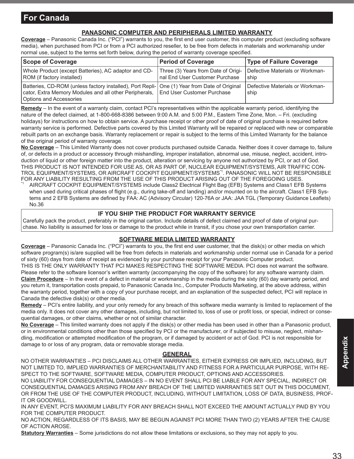 33AppendixFor CanadaPANASONIC COMPUTER AND PERIPHERALS LIMITED WARRANTYCoverage – Panasonic Canada Inc. (“PCI”) warrants to you, the ﬁ rst end user customer, this computer product (excluding software media), when purchased from PCI or from a PCI authorized reseller, to be free from defects in materials and workmanship under normal use, subject to the terms set forth below, during the period of warranty coverage speciﬁ ed.Scope of Coverage Period of Coverage Type of Failure CoverageWhole Product (except Batteries), AC adaptor and CD-ROM (if factory installed)Three (3) Years from Date of Origi-nal End User Customer PurchaseDefective Materials or Workman-shipBatteries, CD-ROM (unless factory installed), Port Repli-cator, Extra Memory Modules and all other Peripherals, Options and AccessoriesOne (1) Year from Date of Original End User Customer PurchaseDefective Materials or Workman-shipRemedy – In the event of a warranty claim, contact PCI’s representatives within the applicable warranty period, identifying the nature of the defect claimed, at 1-800-668-8386 between 9:00 A.M. and 5:00 P.M., Eastern Time Zone, Mon. – Fri. (excluding holidays) for instructions on how to obtain service. A purchase receipt or other proof of date of original purchase is required before warranty service is performed. Defective parts covered by this Limited Warranty will be repaired or replaced with new or comparable rebuilt parts on an exchange basis. Warranty replacement or repair is subject to the terms of this Limited Warranty for the balance of the original period of warranty coverage.No Coverage – This Limited Warranty does not cover products purchased outside Canada. Neither does it cover damage to, failure of, or defects in a product or accessory through mishandling, improper installation, abnormal use, misuse, neglect, accident, intro-duction of liquid or other foreign matter into the product, alteration or servicing by anyone not authorized by PCI, or act of God.THIS PRODUCT IS NOT INTENDED FOR USE AS, OR AS PART OF, NUCLEAR EQUIPMENT/SYSTEMS, AIR TRAFFIC CON-TROL EQUIPMENT/SYSTEMS, OR AIRCRAFT COCKPIT EQUIPMENT/SYSTEMS*1. PANASONIC WILL NOT BE RESPONSIBLE FOR ANY LIABILITY RESULTING FROM THE USE OF THIS PRODUCT ARISING OUT OF THE FOREGOING USES.*1  AIRCRAFT COCKPIT EQUIPMENT/SYSTEMS include Class2 Electrical Flight Bag (EFB) Systems and Class1 EFB Systems when used during critical phases of ﬂ ight (e.g., during take-off and landing) and/or mounted on to the aircraft. Class1 EFB Sys-tems and 2 EFB Systems are deﬁ ned by FAA: AC (Advisory Circular) 120-76A or JAA: JAA TGL (Temporary Guidance Leaﬂ ets) No.36 IF YOU SHIP THE PRODUCT FOR WARRANTY SERVICECarefully pack the product, preferably in the original carton. Include details of defect claimed and proof of date of original pur-chase. No liability is assumed for loss or damage to the product while in transit, if you chose your own transportation carrier.SOFTWARE MEDIA LIMITED WARRANTYCoverage – Panasonic Canada Inc. (“PCI”) warrants to you, the ﬁ rst end user customer, that the disk(s) or other media on which software program(s) is/are supplied will be free from defects in materials and workmanship under normal use in Canada for a period of sixty (60) days from date of receipt as evidenced by your purchase receipt for your Panasonic Computer product.THIS IS THE ONLY WARRANTY THAT PCI MAKES RESPECTING THE SOFTWARE MEDIA. PCI does not warrant the software. Please refer to the software licensor’s written warranty (accompanying the copy of the software) for any software warranty claim.Claim Procedure – In the event of a defect in material or workmanship in the media during the sixty (60) day warranty period, and you return it, transportation costs prepaid, to Panasonic Canada Inc., Computer Products Marketing, at the above address, within the warranty period, together with a copy of your purchase receipt, and an explanation of the suspected defect, PCI will replace in Canada the defective disk(s) or other media.Remedy – PCI’s entire liability, and your only remedy for any breach of this software media warranty is limited to replacement of the media only. It does not cover any other damages, including, but not limited to, loss of use or proﬁ t loss, or special, indirect or conse-quential damages, or other claims, whether or not of similar character.No Coverage – This limited warranty does not apply if the disk(s) or other media has been used in other than a Panasonic product, or in environmental conditions other than those speciﬁ ed by PCI or the manufacturer, or if subjected to misuse, neglect, mishan-dling, modiﬁ cation or attempted modiﬁ cation of the program, or if damaged by accident or act of God. PCI is not responsible for damage to or loss of any program, data or removable storage media.GENERALNO OTHER WARRANTIES – PCI DISCLAIMS ALL OTHER WARRANTIES, EITHER EXPRESS OR IMPLIED, INCLUDING, BUT NOT LIMITED TO, IMPLIED WARRANTIES OF MERCHANTABILITY AND FITNESS FOR A PARTICULAR PURPOSE, WITH RE-SPECT TO THE SOFTWARE, SOFTWARE MEDIA, COMPUTER PRODUCT, OPTIONS AND ACCESSORIES.NO LIABILITY FOR CONSEQUENTIAL DAMAGES – IN NO EVENT SHALL PCI BE LIABLE FOR ANY SPECIAL, INDIRECT OR CONSEQUENTIAL DAMAGES ARISING FROM ANY BREACH OF THE LIMITED WARRANTIES SET OUT IN THIS DOCUMENT, OR FROM THE USE OF THE COMPUTER PRODUCT, INCLUDING, WITHOUT LIMITATION, LOSS OF DATA, BUSINESS, PROF-IT OR GOODWILL.IN ANY EVENT, PCI’S MAXIMUM LIABILITY FOR ANY BREACH SHALL NOT EXCEED THE AMOUNT ACTUALLY PAID BY YOU FOR THE COMPUTER PRODUCT.NO ACTION, REGARDLESS OF ITS BASIS, MAY BE BEGUN AGAINST PCI MORE THAN TWO (2) YEARS AFTER THE CAUSE OF ACTION AROSE.Statutory Warranties – Some jurisdictions do not allow these limitations or exclusions, so they may not apply to you.