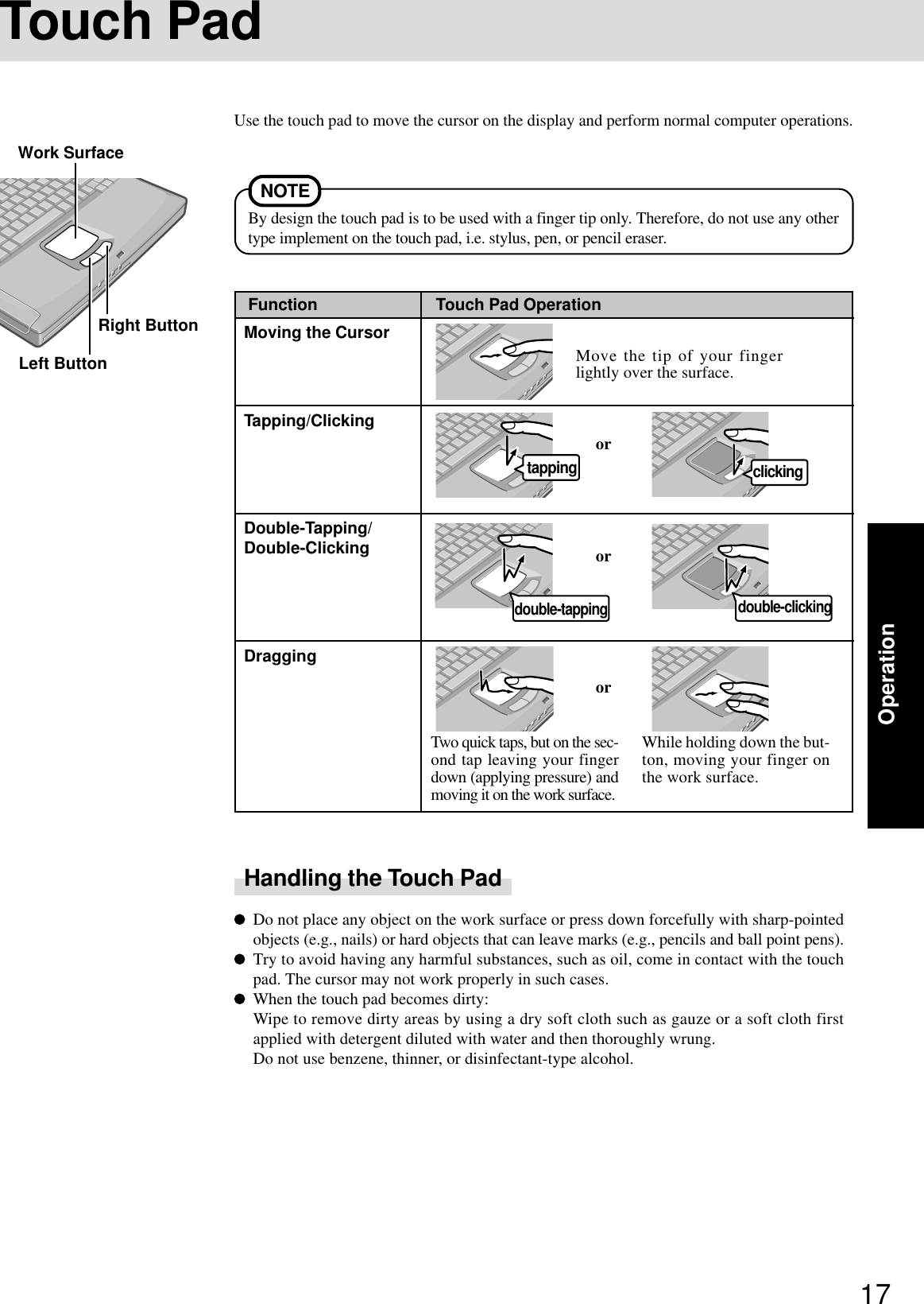 17OperationFunctionTouch PadUse the touch pad to move the cursor on the display and perform normal computer operations.Do not place any object on the work surface or press down forcefully with sharp-pointedobjects (e.g., nails) or hard objects that can leave marks (e.g., pencils and ball point pens).Try to avoid having any harmful substances, such as oil, come in contact with the touchpad. The cursor may not work properly in such cases.When the touch pad becomes dirty:Wipe to remove dirty areas by using a dry soft cloth such as gauze or a soft cloth firstapplied with detergent diluted with water and then thoroughly wrung.Do not use benzene, thinner, or disinfectant-type alcohol.By design the touch pad is to be used with a finger tip only. Therefore, do not use any othertype implement on the touch pad, i.e. stylus, pen, or pencil eraser.Left ButtonRight ButtonWork SurfaceNOTEorTwo quick taps, but on the sec-ond tap leaving your fingerdown (applying pressure) andmoving it on the work surface.While holding down the but-ton, moving your finger onthe work surface.orTouch Pad OperationMoving the CursorTapping/ClickingDouble-Tapping/Double-ClickingDraggingorMove the tip of your fingerlightly over the surface.tapping clickingdouble-tapping double-clickingHandling the Touch Pad