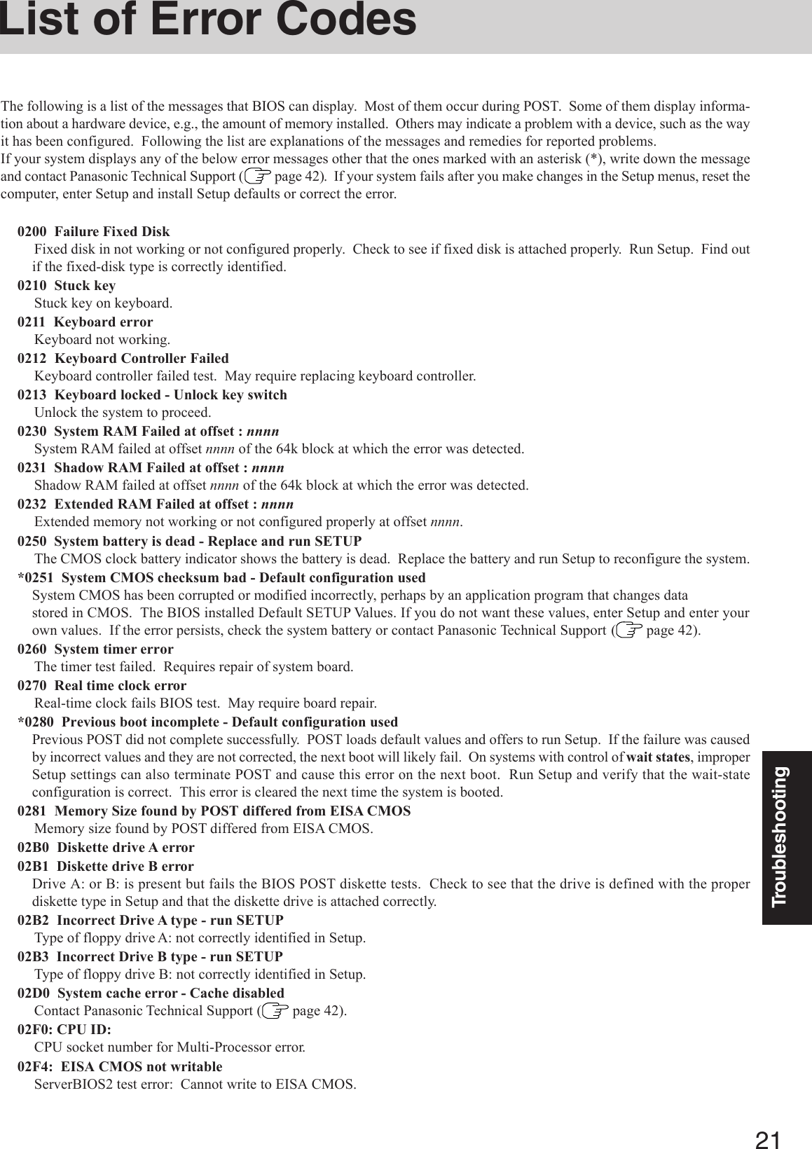 21TroubleshootingList of Error CodesThe following is a list of the messages that BIOS can display.  Most of them occur during POST.  Some of them display informa-tion about a hardware device, e.g., the amount of memory installed.  Others may indicate a problem with a device, such as the wayit has been configured.  Following the list are explanations of the messages and remedies for reported problems.If your system displays any of the below error messages other that the ones marked with an asterisk (*), write down the messageand contact Panasonic Technical Support (  page 42).  If your system fails after you make changes in the Setup menus, reset thecomputer, enter Setup and install Setup defaults or correct the error.0200  Failure Fixed DiskFixed disk in not working or not configured properly.  Check to see if fixed disk is attached properly.  Run Setup.  Find outif the fixed-disk type is correctly identified.0210  Stuck keyStuck key on keyboard.0211  Keyboard errorKeyboard not working.0212  Keyboard Controller FailedKeyboard controller failed test.  May require replacing keyboard controller.0213  Keyboard locked - Unlock key switchUnlock the system to proceed.0230  System RAM Failed at offset : nnnnSystem RAM failed at offset nnnn of the 64k block at which the error was detected.0231  Shadow RAM Failed at offset : nnnnShadow RAM failed at offset nnnn of the 64k block at which the error was detected.0232  Extended RAM Failed at offset : nnnnExtended memory not working or not configured properly at offset nnnn.0250  System battery is dead - Replace and run SETUPThe CMOS clock battery indicator shows the battery is dead.  Replace the battery and run Setup to reconfigure the system.*0251  System CMOS checksum bad - Default configuration usedSystem CMOS has been corrupted or modified incorrectly, perhaps by an application program that changes datastored in CMOS.  The BIOS installed Default SETUP Values. If you do not want these values, enter Setup and enter yourown values.  If the error persists, check the system battery or contact Panasonic Technical Support (  page 42).0260  System timer errorThe timer test failed.  Requires repair of system board.0270  Real time clock errorReal-time clock fails BIOS test.  May require board repair.*0280  Previous boot incomplete - Default configuration usedPrevious POST did not complete successfully.  POST loads default values and offers to run Setup.  If the failure was causedby incorrect values and they are not corrected, the next boot will likely fail.  On systems with control of wait states, improperSetup settings can also terminate POST and cause this error on the next boot.  Run Setup and verify that the wait-stateconfiguration is correct.  This error is cleared the next time the system is booted.0281  Memory Size found by POST differed from EISA CMOSMemory size found by POST differed from EISA CMOS.02B0  Diskette drive A error02B1  Diskette drive B errorDrive A: or B: is present but fails the BIOS POST diskette tests.  Check to see that the drive is defined with the properdiskette type in Setup and that the diskette drive is attached correctly.02B2  Incorrect Drive A type - run SETUPType of floppy drive A: not correctly identified in Setup.02B3  Incorrect Drive B type - run SETUPType of floppy drive B: not correctly identified in Setup.02D0  System cache error - Cache disabledContact Panasonic Technical Support (  page 42).02F0: CPU ID:CPU socket number for Multi-Processor error.02F4:  EISA CMOS not writableServerBIOS2 test error:  Cannot write to EISA CMOS.