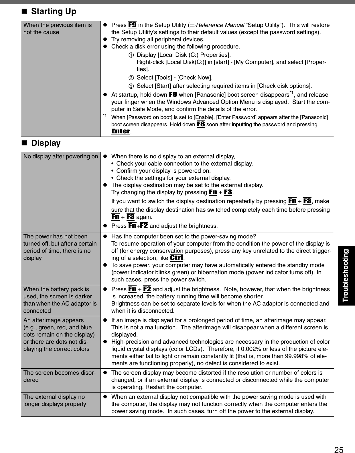 25TroubleshootingWhen the previous item is not the causezPress F9 in the Setup Utility (⇒Reference Manual “Setup Utility”).  This will restore the Setup Utility’s settings to their default values (except the password settings).zTry removing all peripheral devices.zCheck a disk error using the following procedure.ADisplay [Local Disk (C:) Properties].Right-click [Local Disk(C:)] in [start] - [My Computer], and select [Proper-ties].BSelect [Tools] - [Check Now].CSelect [Start] after selecting required items in [Check disk options].zAt startup, hold down F8 when [Panasonic] boot screen disappears*1, and release your finger when the Windows Advanced Option Menu is displayed.  Start the com-puter in Safe Mode, and confirm the details of the error.*1 When [Password on boot] is set to [Enable], [Enter Password] appears after the [Panasonic] boot screen disappears. Hold down F8 soon after inputting the password and pressing Enter.DisplayNo display after powering on zWhen there is no display to an external display,• Check your cable connection to the external display.• Confirm your display is powered on.• Check the settings for your external display.zThe display destination may be set to the external display.Try changing the display by pressing Fn + F3.If you want to switch the display destination repeatedly by pressing Fn + F3, make sure that the display destination has switched completely each time before pressing Fn + F3 again.zPress Fn+F2 and adjust the brightness. The power has not been turned off, but after a certain period of time, there is no displayzHas the computer been set to the power-saving mode?To resume operation of your computer from the condition the power of the display is off (for energy conservation purposes), press any key unrelated to the direct trigger-ing of a selection, like Ctrl.zTo save power, your computer may have automatically entered the standby mode (power indicator blinks green) or hibernation mode (power indicator turns off). In such cases, press the power switch.When the battery pack is used, the screen is darker than when the AC adaptor is connectedzPress Fn + F2 and adjust the brightness.  Note, however, that when the brightness is increased, the battery running time will become shorter.Brightness can be set to separate levels for when the AC adaptor is connected and when it is disconnected.An afterimage appears (e.g., green, red, and blue dots remain on the display) or there are dots not dis-playing the correct colorszIf an image is displayed for a prolonged period of time, an afterimage may appear.  This is not a malfunction.  The afterimage will disappear when a different screen is displayed.zHigh-precision and advanced technologies are necessary in the production of color liquid crystal displays (color LCDs).  Therefore, if 0.002% or less of the picture ele-ments either fail to light or remain constantly lit (that is, more than 99.998% of ele-ments are functioning properly), no defect is considered to exist.The screen becomes disor-deredzThe screen display may become distorted if the resolution or number of colors is changed, or if an external display is connected or disconnected while the computer is operating. Restart the computer.The external display no longer displays properlyzWhen an external display not compatible with the power saving mode is used with the computer, the display may not function correctly when the computer enters the power saving mode.  In such cases, turn off the power to the external display.Starting Up