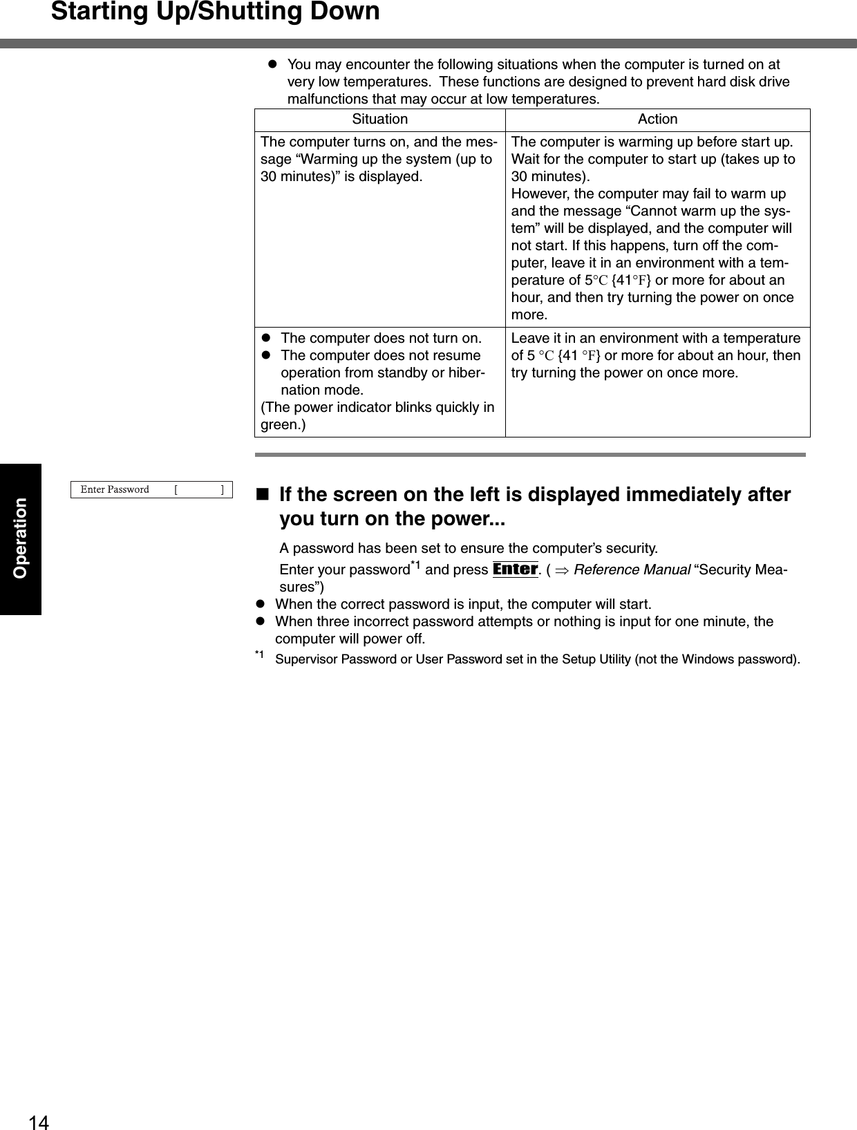 Starting Up/Shutting Down14OperationzYou may encounter the following situations when the computer is turned on at very low temperatures.  These functions are designed to prevent hard disk drive malfunctions that may occur at low temperatures.If the screen on the left is displayed immediately after you turn on the power...A password has been set to ensure the computer’s security.Enter your password*1 and press Enter. ( ⇒ Reference Manual “Security Mea-sures”)zWhen the correct password is input, the computer will start.zWhen three incorrect password attempts or nothing is input for one minute, the computer will power off.*1 Supervisor Password or User Password set in the Setup Utility (not the Windows password).Situation ActionThe computer turns on, and the mes-sage “Warming up the system (up to 30 minutes)” is displayed.The computer is warming up before start up. Wait for the computer to start up (takes up to 30 minutes).However, the computer may fail to warm up and the message “Cannot warm up the sys-tem” will be displayed, and the computer will not start. If this happens, turn off the com-puter, leave it in an environment with a tem-perature of 5°C {41°F} or more for about an hour, and then try turning the power on once more.zThe computer does not turn on.zThe computer does not resume operation from standby or hiber-nation mode.(The power indicator blinks quickly in green.)Leave it in an environment with a temperature of 5 °C {41 °F} or more for about an hour, then try turning the power on once more.
