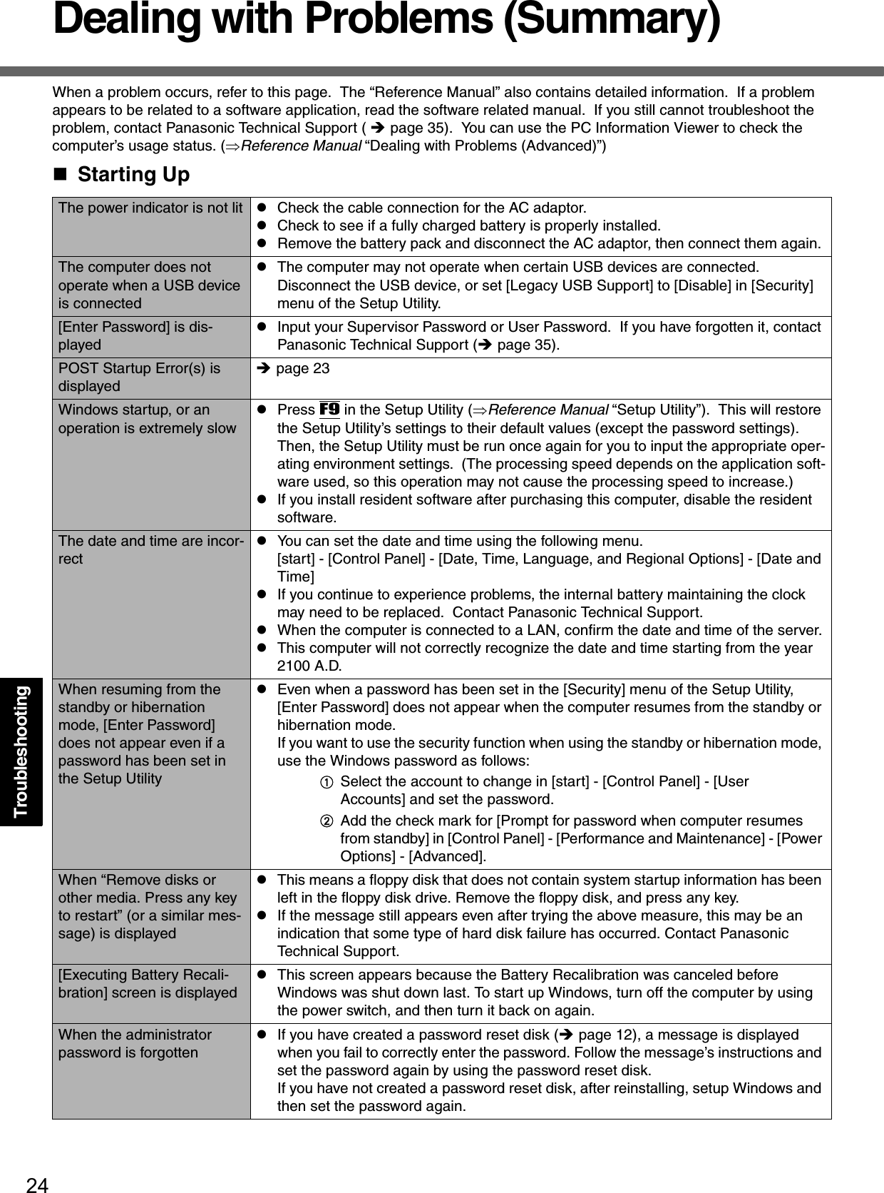 24TroubleshootingDealing with Problems (Summary)When a problem occurs, refer to this page.  The “Reference Manual” also contains detailed information.  If a problem appears to be related to a software application, read the software related manual.  If you still cannot troubleshoot the problem, contact Panasonic Technical Support ( Îpage 35).  You can use the PC Information Viewer to check the computer’s usage status. (⇒Reference Manual “Dealing with Problems (Advanced)”)Starting UpThe power indicator is not lit zCheck the cable connection for the AC adaptor. zCheck to see if a fully charged battery is properly installed.zRemove the battery pack and disconnect the AC adaptor, then connect them again. The computer does not operate when a USB device is connectedzThe computer may not operate when certain USB devices are connected. Disconnect the USB device, or set [Legacy USB Support] to [Disable] in [Security] menu of the Setup Utility.[Enter Password] is dis-playedzInput your Supervisor Password or User Password.  If you have forgotten it, contact Panasonic Technical Support (Îpage 35).POST Startup Error(s) is displayedÎpage 23Windows startup, or an operation is extremely slowzPress F9 in the Setup Utility (⇒Reference Manual “Setup Utility”).  This will restore the Setup Utility’s settings to their default values (except the password settings).  Then, the Setup Utility must be run once again for you to input the appropriate oper-ating environment settings.  (The processing speed depends on the application soft-ware used, so this operation may not cause the processing speed to increase.)zIf you install resident software after purchasing this computer, disable the resident software.The date and time are incor-rectzYou can set the date and time using the following menu.[start] - [Control Panel] - [Date, Time, Language, and Regional Options] - [Date and Time]zIf you continue to experience problems, the internal battery maintaining the clock may need to be replaced.  Contact Panasonic Technical Support.zWhen the computer is connected to a LAN, confirm the date and time of the server.zThis computer will not correctly recognize the date and time starting from the year 2100 A.D.When resuming from the standby or hibernation mode, [Enter Password] does not appear even if a password has been set in the Setup UtilityzEven when a password has been set in the [Security] menu of the Setup Utility, [Enter Password] does not appear when the computer resumes from the standby or hibernation mode.If you want to use the security function when using the standby or hibernation mode, use the Windows password as follows:ASelect the account to change in [start] - [Control Panel] - [User Accounts] and set the password.BAdd the check mark for [Prompt for password when computer resumes from standby] in [Control Panel] - [Performance and Maintenance] - [Power Options] - [Advanced].When “Remove disks or other media. Press any key to restart” (or a similar mes-sage) is displayedzThis means a floppy disk that does not contain system startup information has been left in the floppy disk drive. Remove the floppy disk, and press any key.zIf the message still appears even after trying the above measure, this may be an indication that some type of hard disk failure has occurred. Contact Panasonic Technical Support.[Executing Battery Recali-bration] screen is displayedzThis screen appears because the Battery Recalibration was canceled before Windows was shut down last. To start up Windows, turn off the computer by using the power switch, and then turn it back on again.When the administrator password is forgottenzIf you have created a password reset disk (Îpage 12), a message is displayed when you fail to correctly enter the password. Follow the message’s instructions and set the password again by using the password reset disk.If you have not created a password reset disk, after reinstalling, setup Windows and then set the password again.