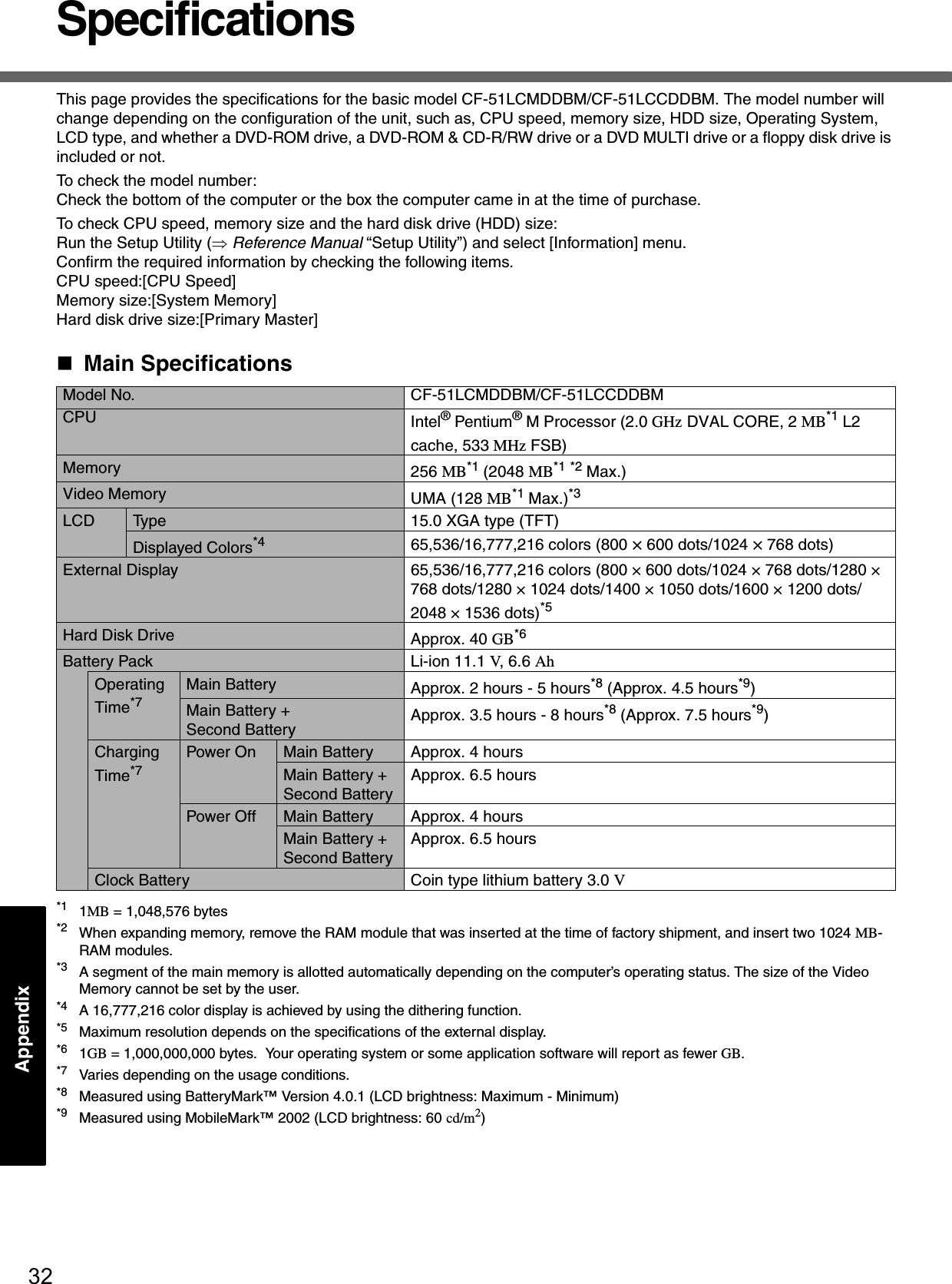32AppendixSpecificationsThis page provides the specifications for the basic model CF-51LCMDDBM/CF-51LCCDDBM. The model number will change depending on the configuration of the unit, such as, CPU speed, memory size, HDD size, Operating System, LCD type, and whether a DVD-ROM drive, a DVD-ROM &amp; CD-R/RW drive or a DVD MULTI drive or a floppy disk drive is included or not.To check the model number:Check the bottom of the computer or the box the computer came in at the time of purchase.To check CPU speed, memory size and the hard disk drive (HDD) size:Run the Setup Utility (⇒ Reference Manual “Setup Utility”) and select [Information] menu.Confirm the required information by checking the following items.CPU speed:[CPU Speed]Memory size:[System Memory]Hard disk drive size:[Primary Master]Main Specifications*1 1MB = 1,048,576 bytes*2 When expanding memory, remove the RAM module that was inserted at the time of factory shipment, and insert two 1024 MB-RAM modules.*3 A segment of the main memory is allotted automatically depending on the computer’s operating status. The size of the Video Memory cannot be set by the user.*4 A 16,777,216 color display is achieved by using the dithering function.*5 Maximum resolution depends on the specifications of the external display.*6 1GB = 1,000,000,000 bytes.  Your operating system or some application software will report as fewer GB.*7 Varies depending on the usage conditions.*8 Measured using BatteryMark™ Version 4.0.1 (LCD brightness: Maximum - Minimum)*9 Measured using MobileMark™ 2002 (LCD brightness: 60 cd/m2)Model No. CF-51LCMDDBM/CF-51LCCDDBMCPU Intel® Pentium® M Processor (2.0 GHz   DVAL CORE, 2 MB*1 L2cache, 533 MHz FSB)Memory 256 MB*1 (2048 MB*1 *2 Max.)Video Memory UMA (128 MB*1 Max.)*3LCD Type 15.0 XGA type (TFT)Displayed Colors*4 65,536/16,777,216 colors (800 × 600 dots/1024 × 768 dots)External Display 65,536/16,777,216 colors (800 × 600 dots/1024 × 768 dots/1280 × 768 dots/1280 × 1024 dots/1400 × 1050 dots/1600 × 1200 dots/2048 × 1536 dots)*5Hard Disk Drive Approx. 40 GB*6Battery Pack Li-ion 11.1 V, 6.6 AhOperating Time*7Main Battery  Approx. 2 hours - 5 hours*8 (Approx. 4.5 hours*9)Main Battery + Second Battery Approx. 3.5 hours - 8 hours*8 (Approx. 7.5 hours*9)Charging Time*7Power On Main Battery  Approx. 4 hoursMain Battery + Second BatteryApprox. 6.5 hoursPower Off Main Battery  Approx. 4 hoursMain Battery + Second BatteryApprox. 6.5 hoursClock Battery Coin type lithium battery 3.0 V