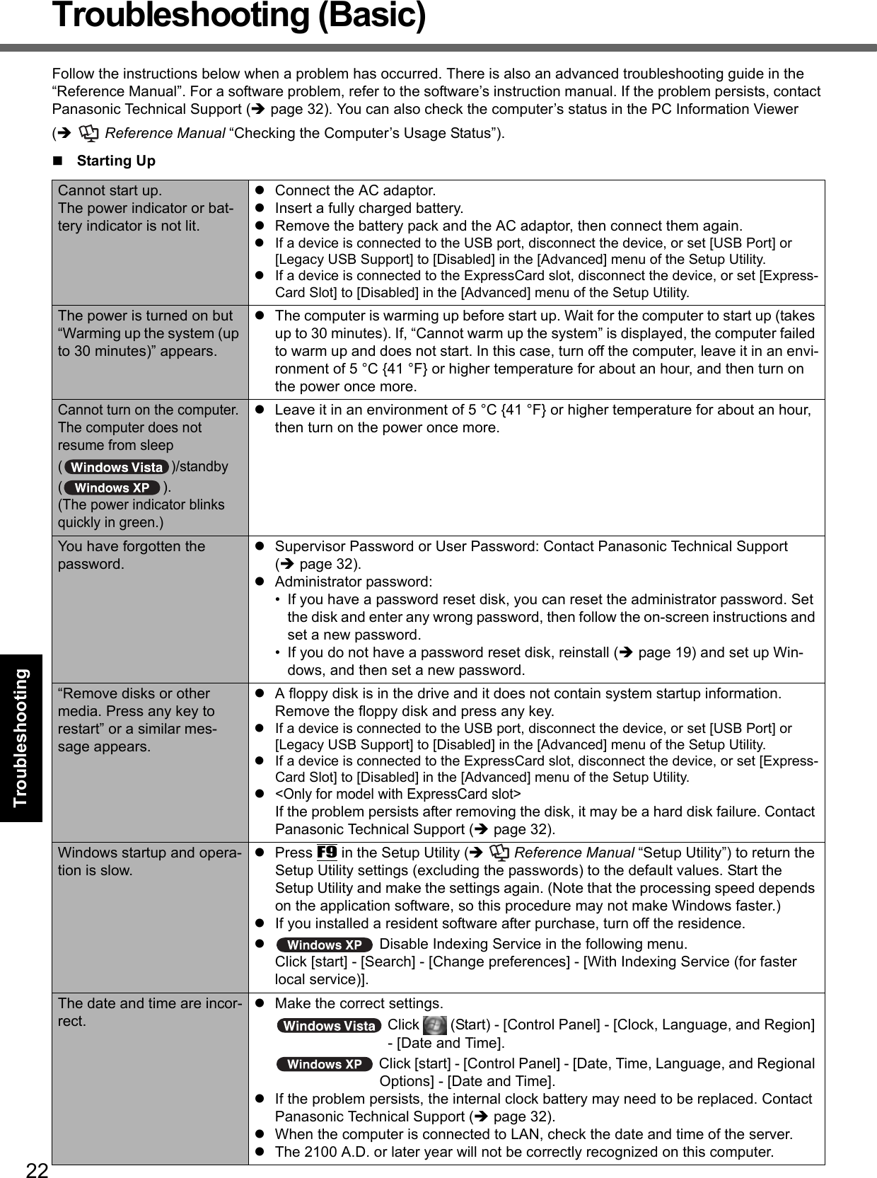 22Getting StartedUseful InformationTroubleshootingAppendixTroubleshooting (Basic)Follow the instructions below when a problem has occurred. There is also an advanced troubleshooting guide in the “Reference Manual”. For a software problem, refer to the software’s instruction manual. If the problem persists, contact Panasonic Technical Support (Îpage 32). You can also check the computer’s status in the PC Information Viewer (Î Reference Manual “Checking the Computer’s Usage Status”).Starting UpCannot start up.The power indicator or bat-tery indicator is not lit.zConnect the AC adaptor.zInsert a fully charged battery.zRemove the battery pack and the AC adaptor, then connect them again. zIf a device is connected to the USB port, disconnect the device, or set [USB Port] or [Legacy USB Support] to [Disabled] in the [Advanced] menu of the Setup Utility.zIf a device is connected to the ExpressCard slot, disconnect the device, or set [Express-Card Slot] to [Disabled] in the [Advanced] menu of the Setup Utility.The power is turned on but “Warming up the system (up to 30 minutes)” appears.zThe computer is warming up before start up. Wait for the computer to start up (takes up to 30 minutes). If, “Cannot warm up the system” is displayed, the computer failed to warm up and does not start. In this case, turn off the computer, leave it in an envi-ronment of 5 °C {41 °F} or higher temperature for about an hour, and then turn on the power once more.Cannot turn on the computer.The computer does not resume from sleep ( )/standby ().(The power indicator blinks quickly in green.)zLeave it in an environment of 5 °C {41 °F} or higher temperature for about an hour, then turn on the power once more.You have forgotten the password.zSupervisor Password or User Password: Contact Panasonic Technical Support (Îpage 32).zAdministrator password: • If you have a password reset disk, you can reset the administrator password. Set the disk and enter any wrong password, then follow the on-screen instructions and set a new password.• If you do not have a password reset disk, reinstall (Îpage 19) and set up Win-dows, and then set a new password.“Remove disks or other media. Press any key to restart” or a similar mes-sage appears.zA floppy disk is in the drive and it does not contain system startup information. Remove the floppy disk and press any key.zIf a device is connected to the USB port, disconnect the device, or set [USB Port] or [Legacy USB Support] to [Disabled] in the [Advanced] menu of the Setup Utility.zIf a device is connected to the ExpressCard slot, disconnect the device, or set [Express-Card Slot] to [Disabled] in the [Advanced] menu of the Setup Utility.z&lt;Only for model with ExpressCard slot&gt;If the problem persists after removing the disk, it may be a hard disk failure. Contact Panasonic Technical Support (Îpage 32).Windows startup and opera-tion is slow.zPress F9 in the Setup Utility (Î Reference Manual “Setup Utility”) to return the Setup Utility settings (excluding the passwords) to the default values. Start the Setup Utility and make the settings again. (Note that the processing speed depends on the application software, so this procedure may not make Windows faster.)zIf you installed a resident software after purchase, turn off the residence.z Disable Indexing Service in the following menu.Click [start] - [Search] - [Change preferences] - [With Indexing Service (for faster local service)].The date and time are incor-rect.zMake the correct settings.  Click   (Start) - [Control Panel] - [Clock, Language, and Region] - [Date and Time]. Click [start] - [Control Panel] - [Date, Time, Language, and Regional Options] - [Date and Time].zIf the problem persists, the internal clock battery may need to be replaced. Contact Panasonic Technical Support (Îpage 32).zWhen the computer is connected to LAN, check the date and time of the server.zThe 2100 A.D. or later year will not be correctly recognized on this computer.