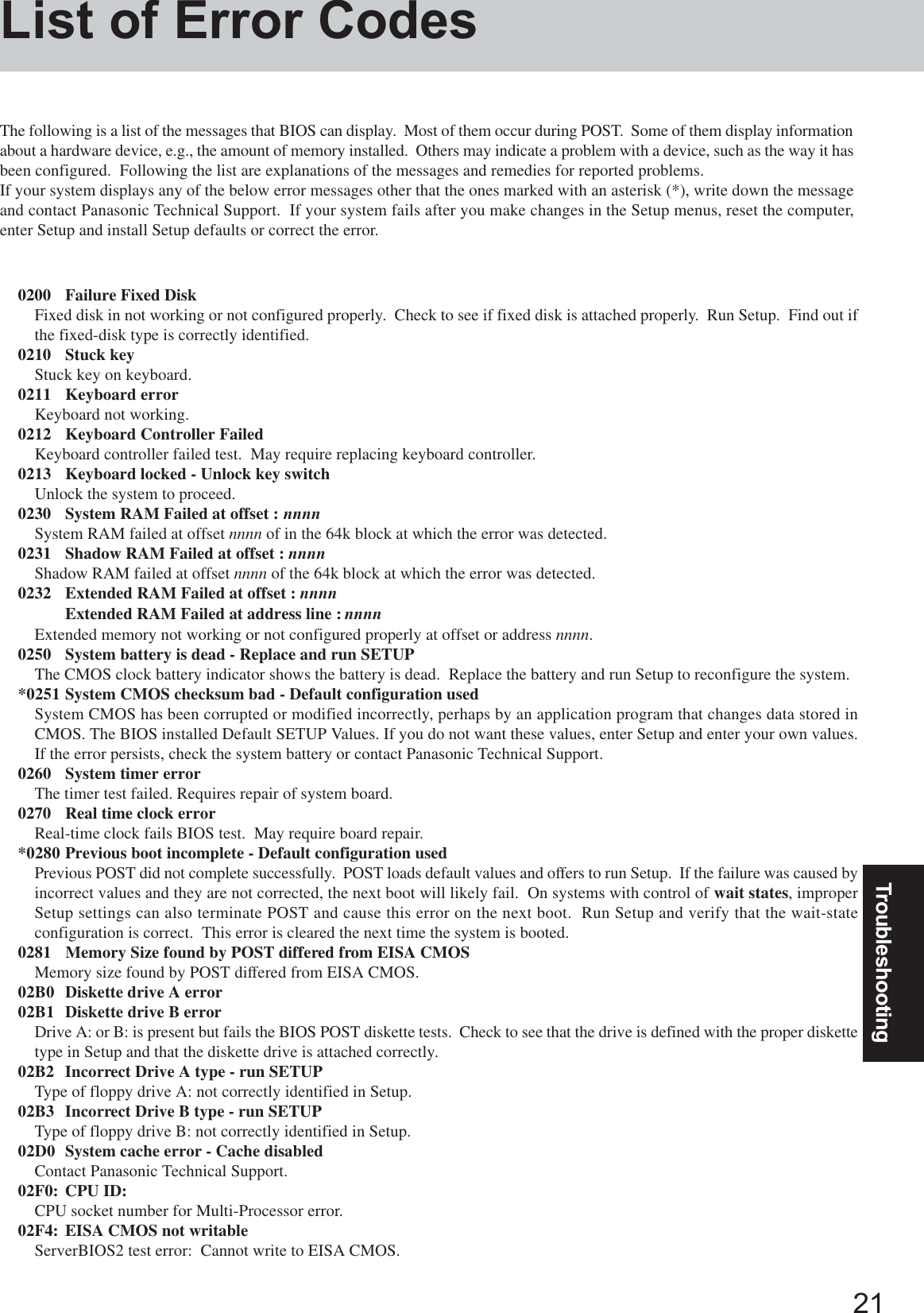 21TroubleshootingList of Error CodesThe following is a list of the messages that BIOS can display.  Most of them occur during POST.  Some of them display informationabout a hardware device, e.g., the amount of memory installed.  Others may indicate a problem with a device, such as the way it hasbeen configured.  Following the list are explanations of the messages and remedies for reported problems.If your system displays any of the below error messages other that the ones marked with an asterisk (*), write down the messageand contact Panasonic Technical Support.  If your system fails after you make changes in the Setup menus, reset the computer,enter Setup and install Setup defaults or correct the error.0200 Failure Fixed DiskFixed disk in not working or not configured properly.  Check to see if fixed disk is attached properly.  Run Setup.  Find out ifthe fixed-disk type is correctly identified.0210 Stuck keyStuck key on keyboard.0211 Keyboard errorKeyboard not working.0212 Keyboard Controller FailedKeyboard controller failed test.  May require replacing keyboard controller.0213 Keyboard locked - Unlock key switchUnlock the system to proceed.0230 System RAM Failed at offset : nnnnSystem RAM failed at offset nnnn of in the 64k block at which the error was detected.0231 Shadow RAM Failed at offset : nnnnShadow RAM failed at offset nnnn of the 64k block at which the error was detected.0232 Extended RAM Failed at offset : nnnnExtended RAM Failed at address line : nnnnExtended memory not working or not configured properly at offset or address nnnn.0250 System battery is dead - Replace and run SETUPThe CMOS clock battery indicator shows the battery is dead.  Replace the battery and run Setup to reconfigure the system.*0251 System CMOS checksum bad - Default configuration usedSystem CMOS has been corrupted or modified incorrectly, perhaps by an application program that changes data stored inCMOS. The BIOS installed Default SETUP Values. If you do not want these values, enter Setup and enter your own values.If the error persists, check the system battery or contact Panasonic Technical Support.0260 System timer errorThe timer test failed. Requires repair of system board.0270 Real time clock errorReal-time clock fails BIOS test.  May require board repair.*0280 Previous boot incomplete - Default configuration usedPrevious POST did not complete successfully.  POST loads default values and offers to run Setup.  If the failure was caused byincorrect values and they are not corrected, the next boot will likely fail.  On systems with control of wait states, improperSetup settings can also terminate POST and cause this error on the next boot.  Run Setup and verify that the wait-stateconfiguration is correct.  This error is cleared the next time the system is booted.0281 Memory Size found by POST differed from EISA CMOSMemory size found by POST differed from EISA CMOS.02B0 Diskette drive A error02B1 Diskette drive B errorDrive A: or B: is present but fails the BIOS POST diskette tests.  Check to see that the drive is defined with the proper diskettetype in Setup and that the diskette drive is attached correctly.02B2 Incorrect Drive A type - run SETUPType of floppy drive A: not correctly identified in Setup.02B3 Incorrect Drive B type - run SETUPType of floppy drive B: not correctly identified in Setup.02D0 System cache error - Cache disabledContact Panasonic Technical Support.02F0: CPU ID:CPU socket number for Multi-Processor error.02F4: EISA CMOS not writableServerBIOS2 test error:  Cannot write to EISA CMOS.