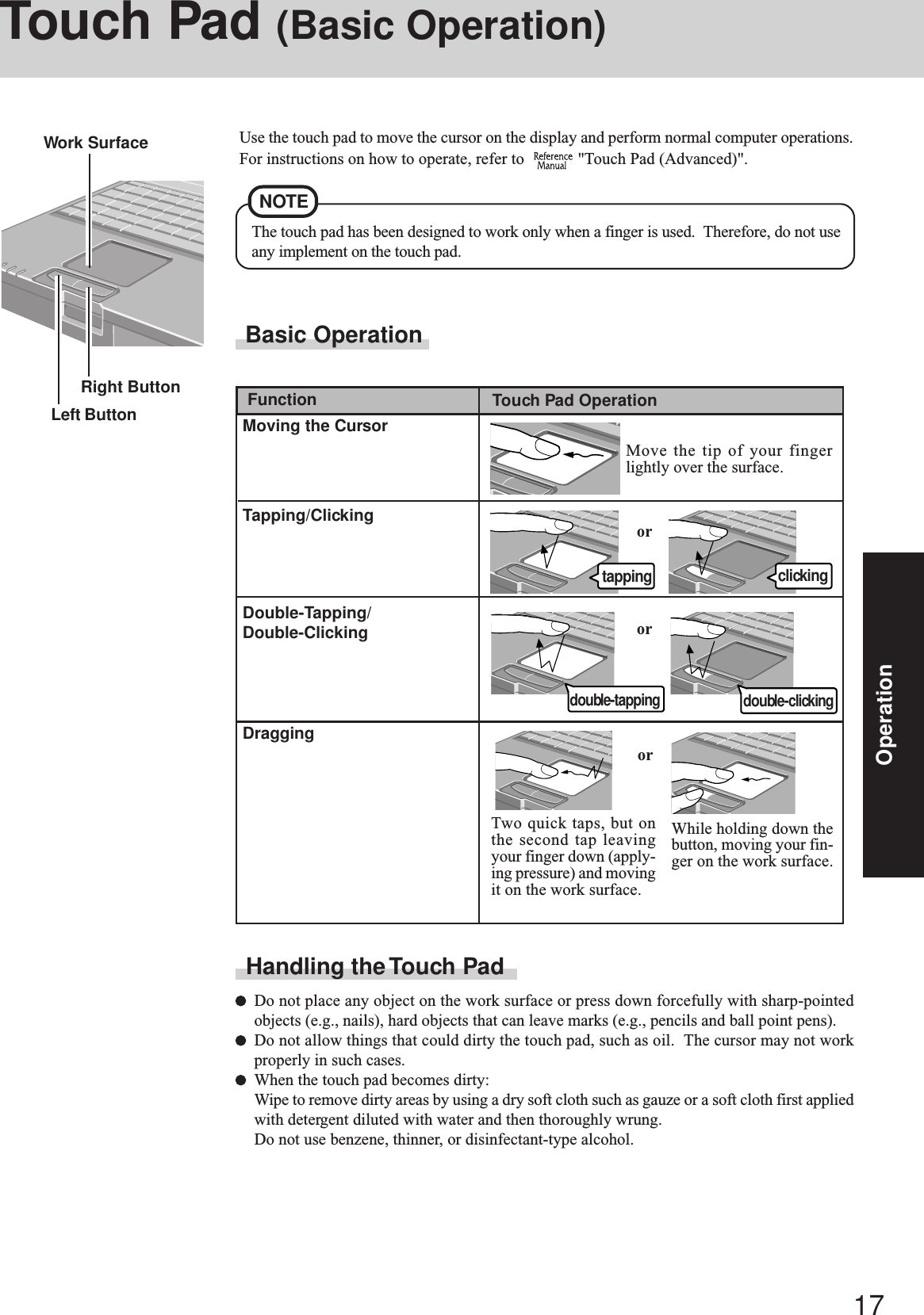 17OperationOperationTouch Pad (Basic Operation)Use the touch pad to move the cursor on the display and perform normal computer operations.For instructions on how to operate, refer to    &quot;Touch Pad (Advanced)&quot;.Handling the Touch PadDo not place any object on the work surface or press down forcefully with sharp-pointedobjects (e.g., nails), hard objects that can leave marks (e.g., pencils and ball point pens).Do not allow things that could dirty the touch pad, such as oil.  The cursor may not workproperly in such cases.When the touch pad becomes dirty:Wipe to remove dirty areas by using a dry soft cloth such as gauze or a soft cloth first appliedwith detergent diluted with water and then thoroughly wrung.Do not use benzene, thinner, or disinfectant-type alcohol.The touch pad has been designed to work only when a finger is used.  Therefore, do not useany implement on the touch pad.NOTEorTwo quick taps, but onthe second tap leavingyour finger down (apply-ing pressure) and movingit on the work surface.While holding down thebutton, moving your fin-ger on the work surface.orFunction Touch Pad OperationMoving the CursorTapping/ClickingDouble-Tapping/Double-ClickingDraggingorMove the tip of your fingerlightly over the surface.tapping clickingdouble-tappingBasic OperationLeft ButtonRight ButtonWork Surfacedouble-clicking